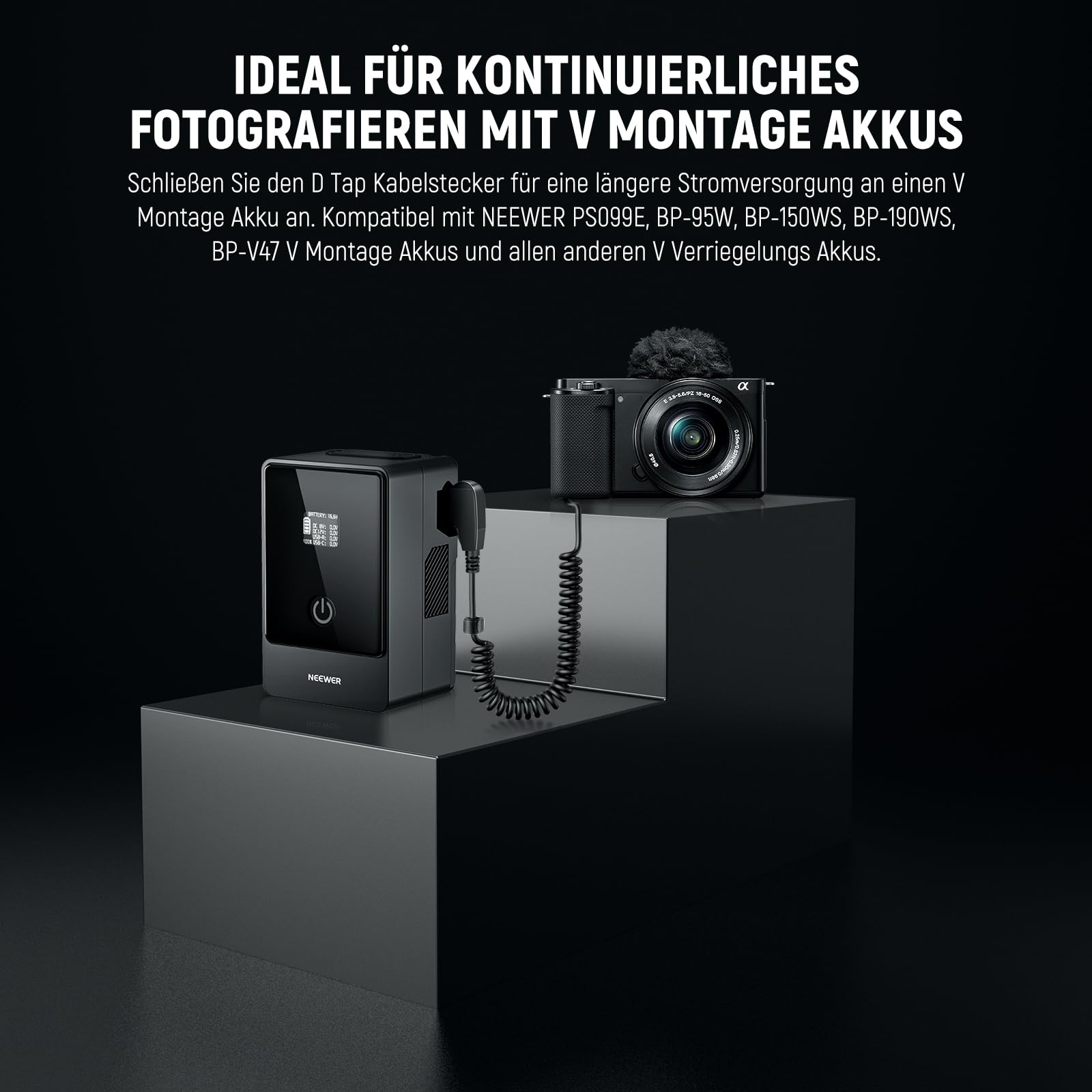 NEEWER D Tap to NP-FW50 - Fälschungsakku mit V-Kabel, stabile Dauerspannung für Sony ZV-E10 A3000 A5000 A5100 A6000 A6100 A6300 A6400 A6500 A7 II A7R II