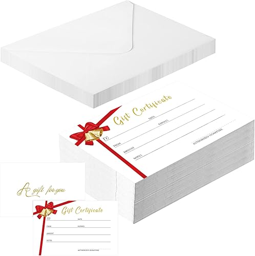 50 juegos de certificados de regalo de Navidad en blanco con 50 sobres de regalo a juego, cinta roja de 3.5 x 5.5 pulgadas, tarjetas de regalo para