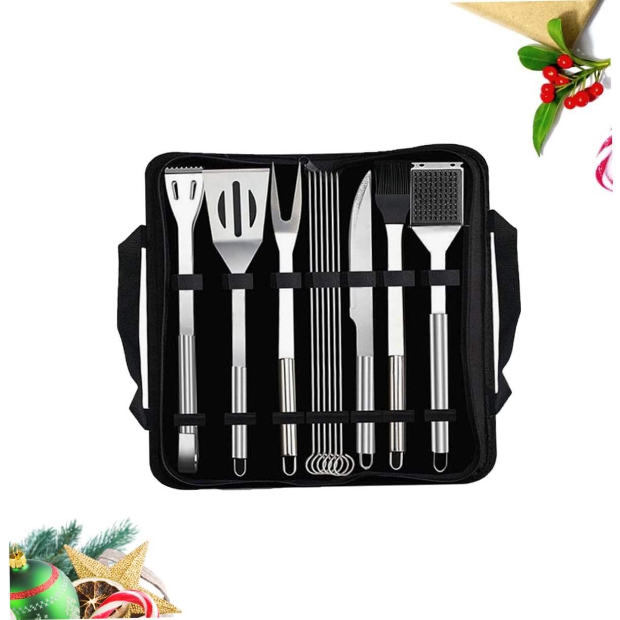 Mobestech 12 Stück Teiliges Edelstahl Bbq Grillbesteck Set mit Tasche Grillspatel Zange Messer Gabel Bürste und Grillzange Praktisches Grillzubehör für Camping Picknick und Outdoor