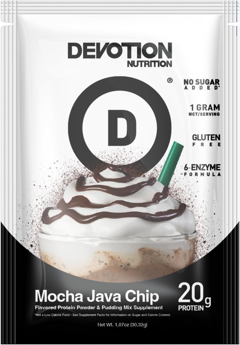 Devotion Nutrition Protein Powder Blend | Gluten Free, Keto Friendly, No Added Sugars | 1g MCT | 20g Whey & Micellar Protein | 12 Single Serving Packets (Mocha Java Chip)