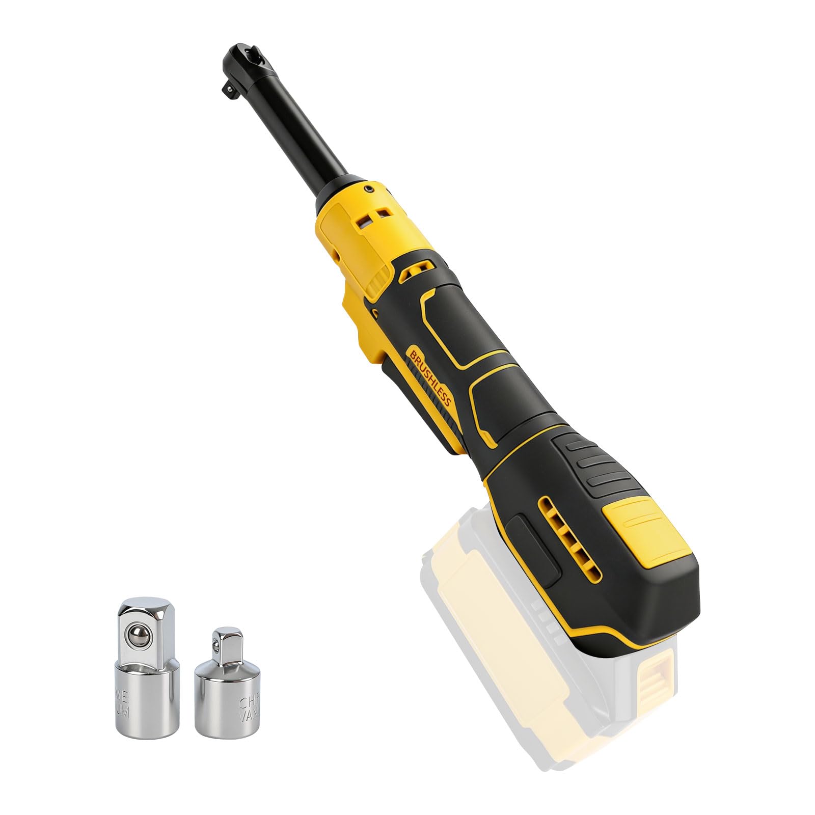 Clé à cliquet sans fil 3/8" compatible avec batterie Dewalt 20V avec adaptateur 1/2" et 1/4", tête allongée de 15 cm, vis à cliquet électrique, 80 Nm, 320 tr/min (jaune)