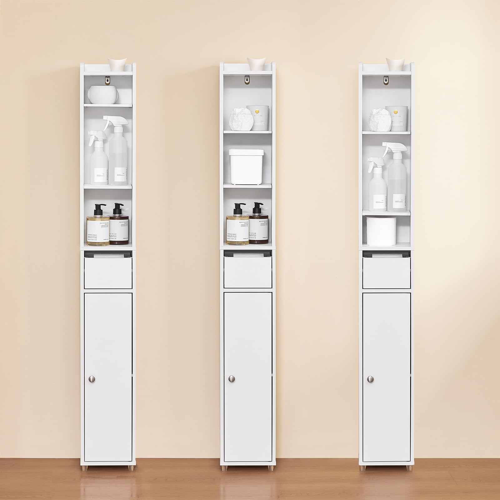 SoBuy BZR34-K-W szafka łazienkowa, wąska, wysoka szafka łazienkowa z drzwiami i szufladą, regał apteczny, stojący, regał wnękowy do łazienki, małych pomieszczeń, 20 x 20 x 145 cm