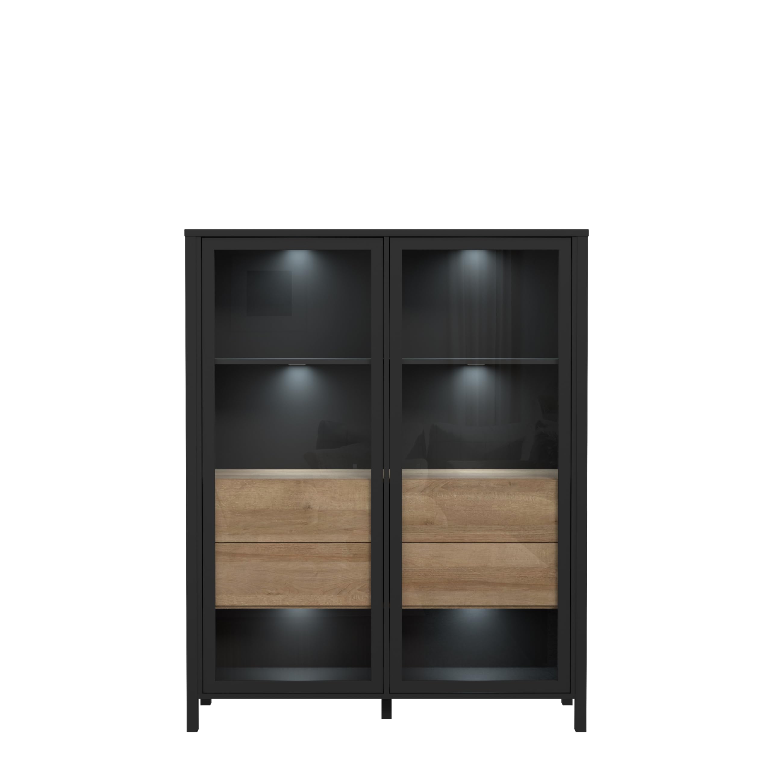 Forte HIGH Rock Vitrine 120, Moderne Standvitrine, 2 Glastüren, Vitrinenschrank, Wohnzimmervitrine, Holzwerkstoff, Schwarz/Riviera Eiche Holzwerkstoff, 121,3 cm breit x 152,3 cm hoch x 40,2 cm tief
