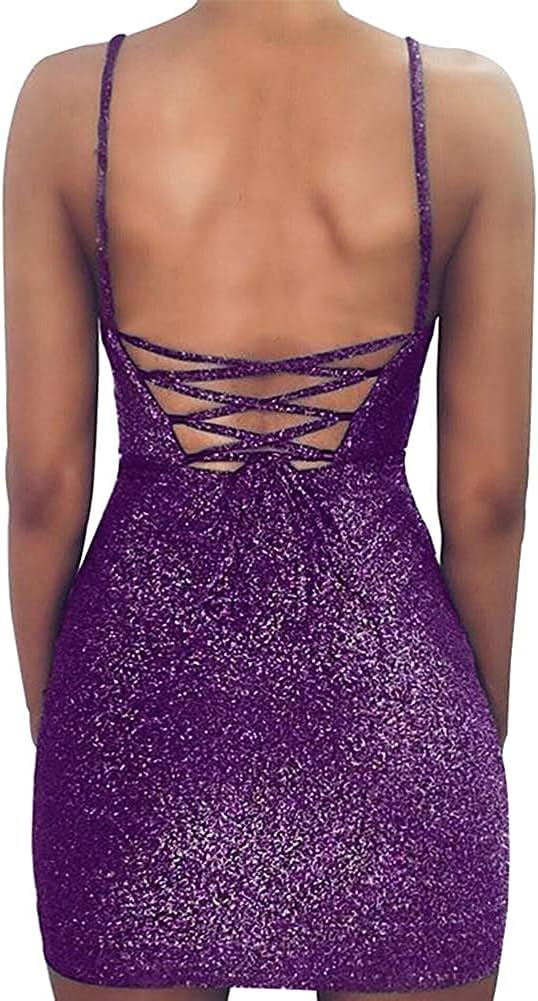 Women's Sexy Glitter Spagetti Straps Lace Up Back Bandage Bodycon Mini Club Party Dress - Image 2