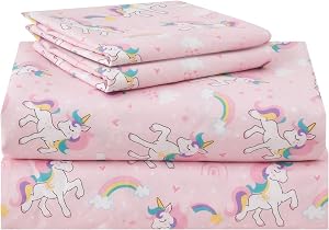 Lasoftan Kids Sheet Set Twin Size 3 Pcs, Girls Twin Sheet Set with Pink Unicorn Pattern，Kid Girls Twin Fitted Sheet ，Breathable & Silky Soft Microfiber Kids Fitted Sheet