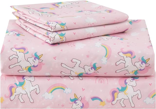Lasoftan Kids Sheet Set Twin Size 3 Pcs, Girls Twin Sheet Set with Pink Unicorn Pattern,Kid Girls Twin Fitted Sheet ,Breathable & Silky Soft Microfiber Kids Fitted Sheet