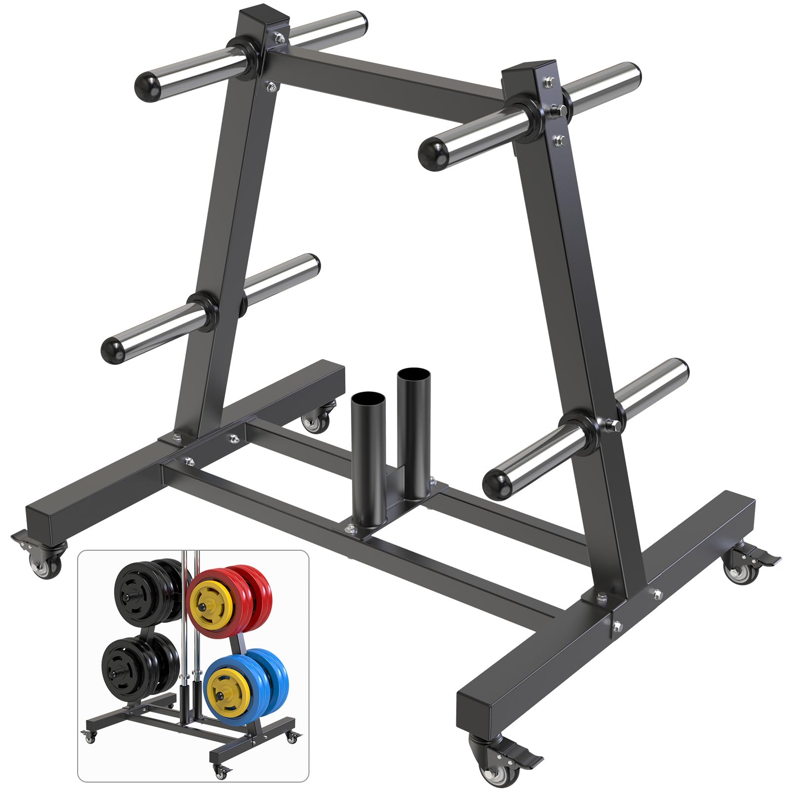 SELEWARE Olympic Weight Plate Tree Rack with 8 Weight Pegs & 2 Barbell Holders, 650LB Capacity Heavy-Duty Steel Gym Storage Organizer with Locking Wheels for 2 Inch Olympic Plates & Bars — image 1