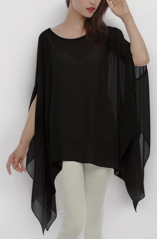 Women's Loose Solid Sheer Chiffon Caftan Poncho Batwing Tunic Top Blouse Summer Oversized Shirts