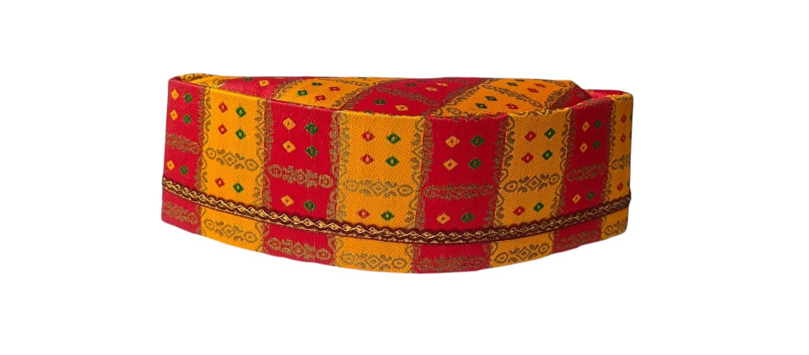 abhiswa Traditional Embroidered Patchwork Topi Cap, Red and Orange with Colorful Dots, Ethnic Headwear-picture-30
