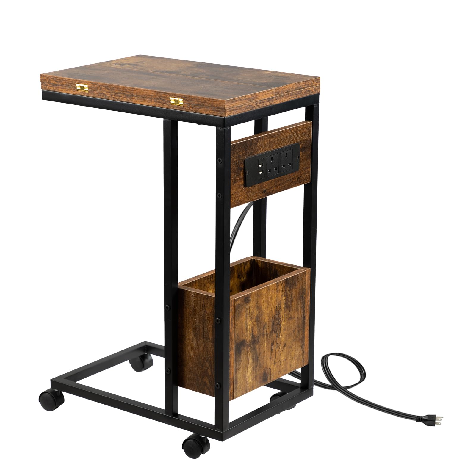 Hadulcet c shaped side table, sofa table with Charging Station & Foldable Tabletop, Laptop Table for Couch, C Table with Storage for Sofa, Living Room Bedroom Small Spaces, 70 cm High, Rustic Brown