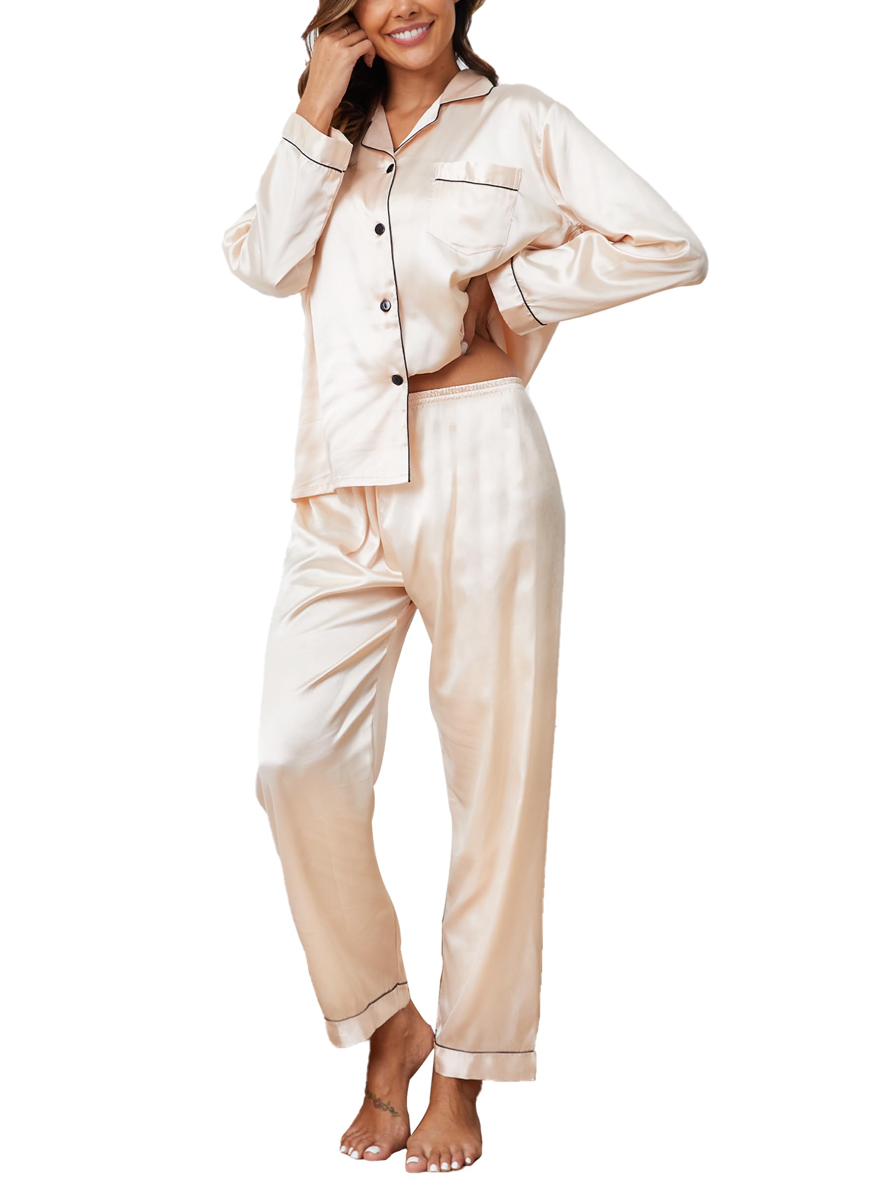 Reliwel Pigiami da Donna in Raso Pigiama Donna Due Pezzi a Maniche Lunghe Set Pigiama con Bottoni Seta Morbido Scollo V Aperto Davanti e Pantaloni Borse Laterali