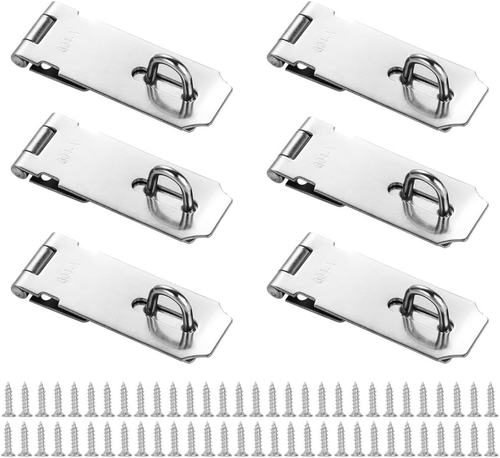 Screws With Set Latch And Hasp Gate Lock For Doors, Sheds, Cabinets, Locks Latch Hasp Door Six Pcs, Stainless Steel Clasp Padlock, Finish Brushed 4-Inch Safety Latch Hasp Padlock