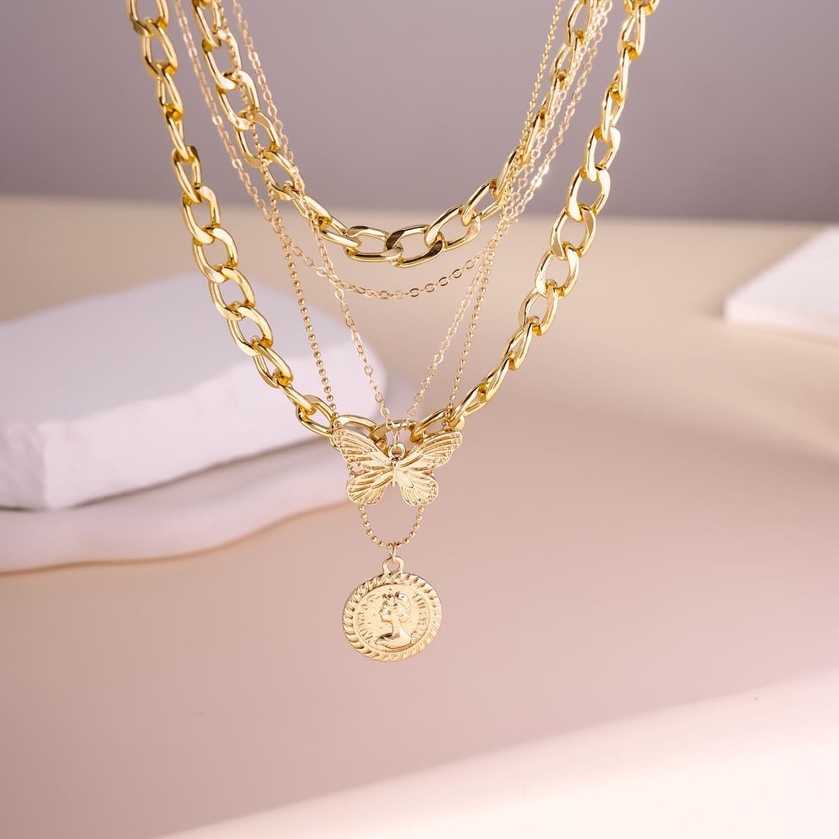 Gold Layered Necklace for Women Vintage Coin Cross Butterfly Pendant Necklace Trendy Chunky Chain Choker Necklaces Dainty Y2k Cuban Chain Christmas Birthday Party Jewelry - Image 3