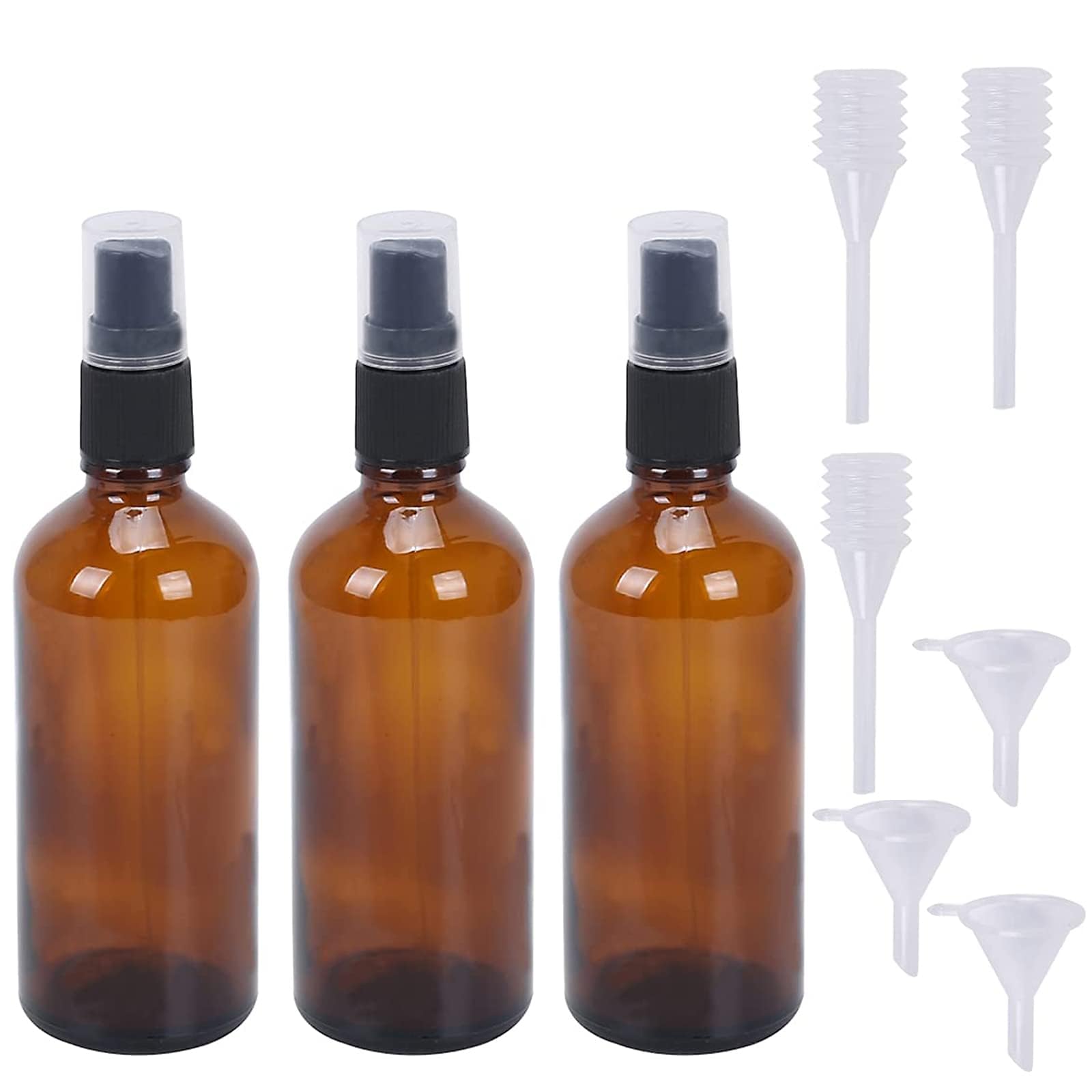 3PCS 100ml Marrone Bottiglie Spray Bottiglie Flaconi spray di vetro ambra vuote da 100ml con pipette e imbuti per aromaterapia Profumo medicina Olio Essenziale e Alcool