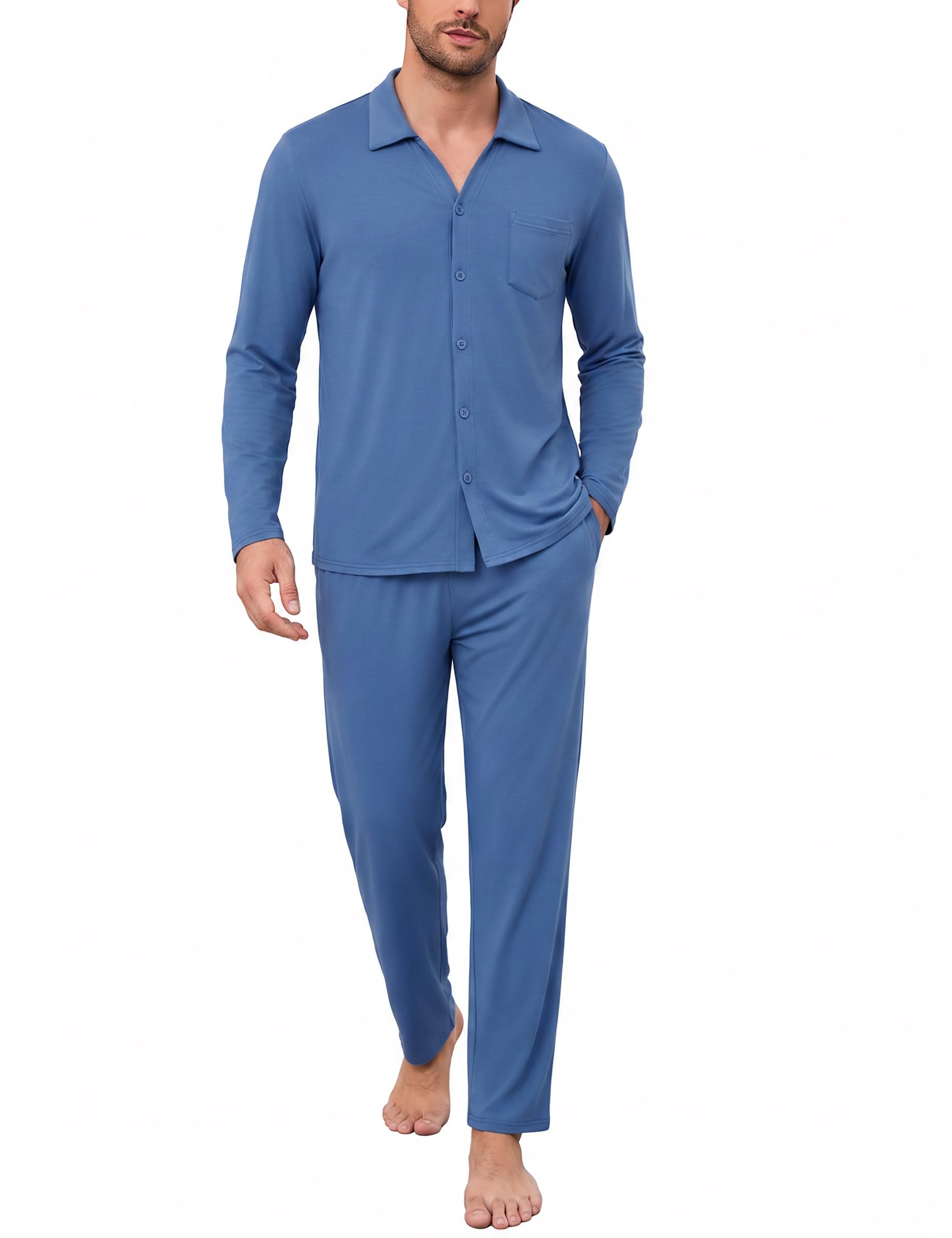 Bresdk Schlafanzug Herren Lang Baumwolle Pyjama mit Kragen Knopfleiste | Klassisches Oberteil mit elegantem Reverskragen, durchgehender Knopfleiste und praktischer Brusttasche
