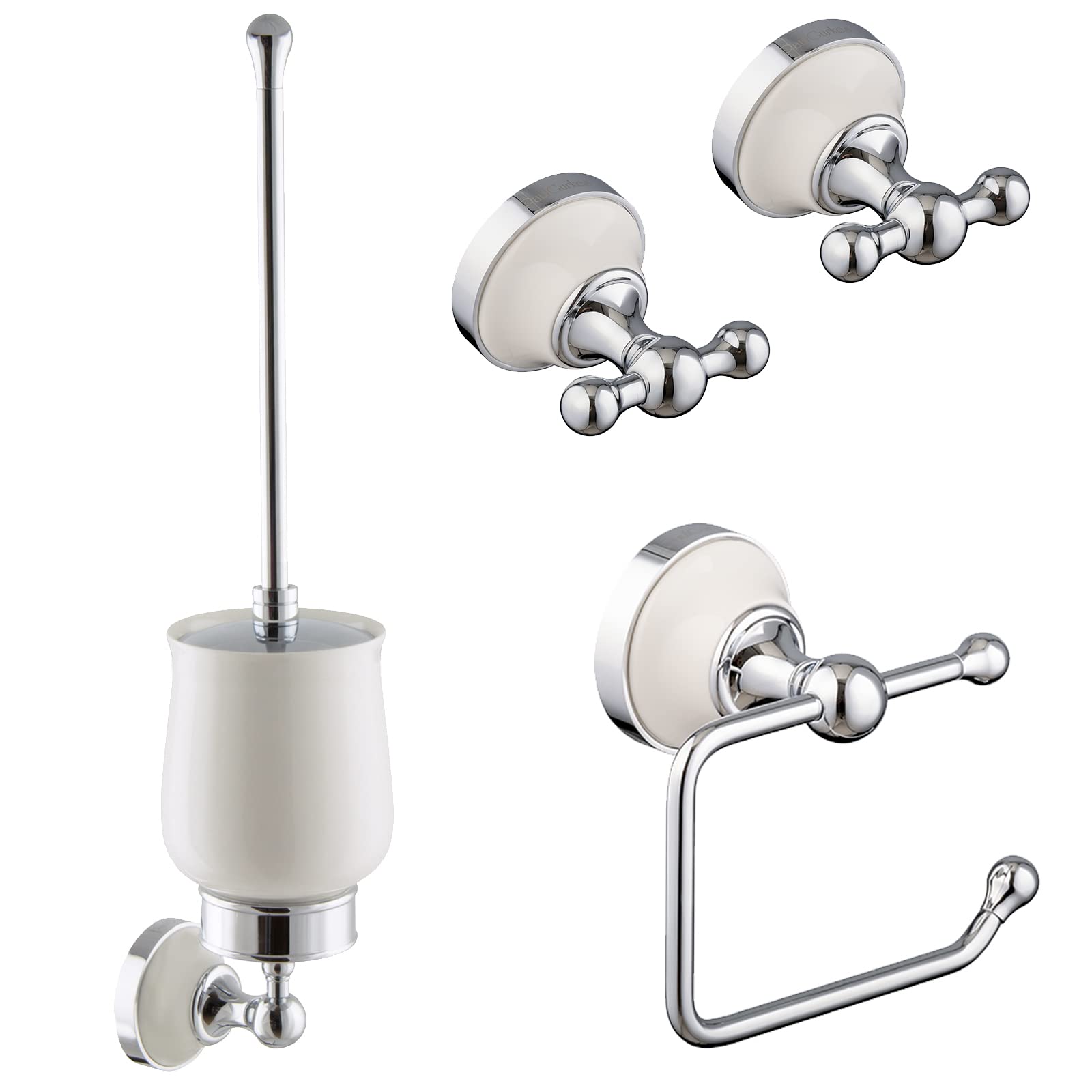 Bad-Accessoires Set Nostalgie Retro Messing verchromt, Handtuchhaken WC-Bürste WC-Papierhalter, wandmontiert, 4-teilig, weiße Keramikeinlage