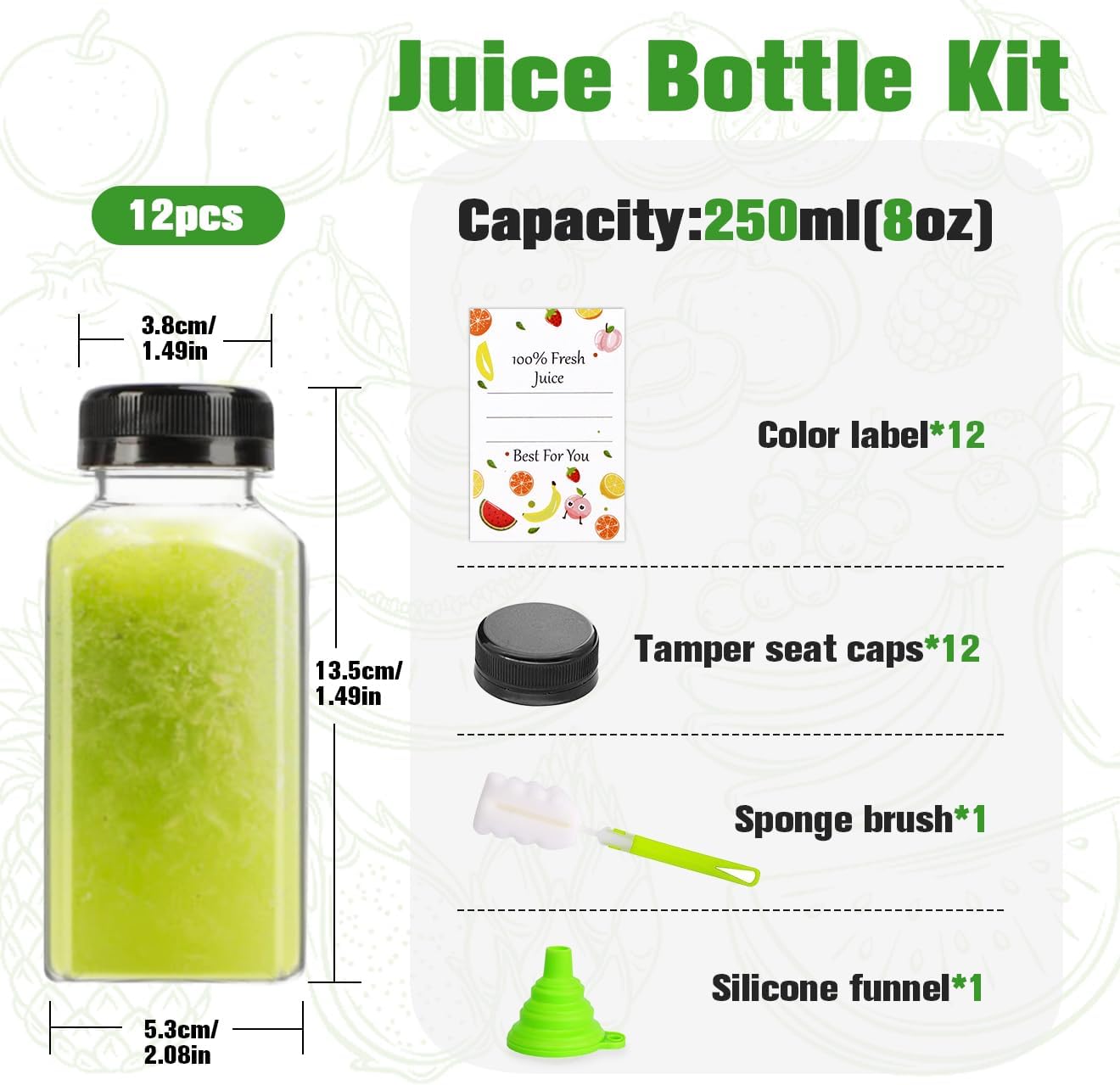 12pcs 8oz Plastic Juice Bottles, Reusable Juice Containers with Black Tamper Proof Lids, Brush, Funnel and Labels, Clear Water Bottles for Juicing, Smoothie and Homemade Beverages - Image 3