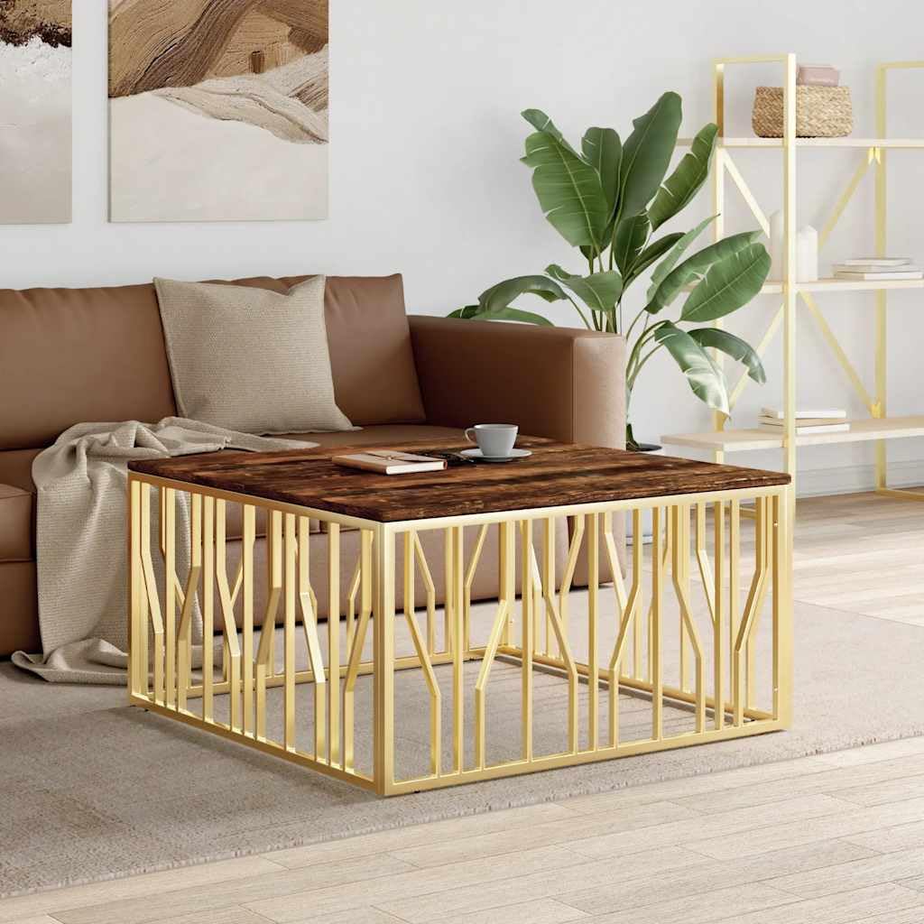 Table basse en acier inoxydable et bois massif luxueuse pour salon élégant