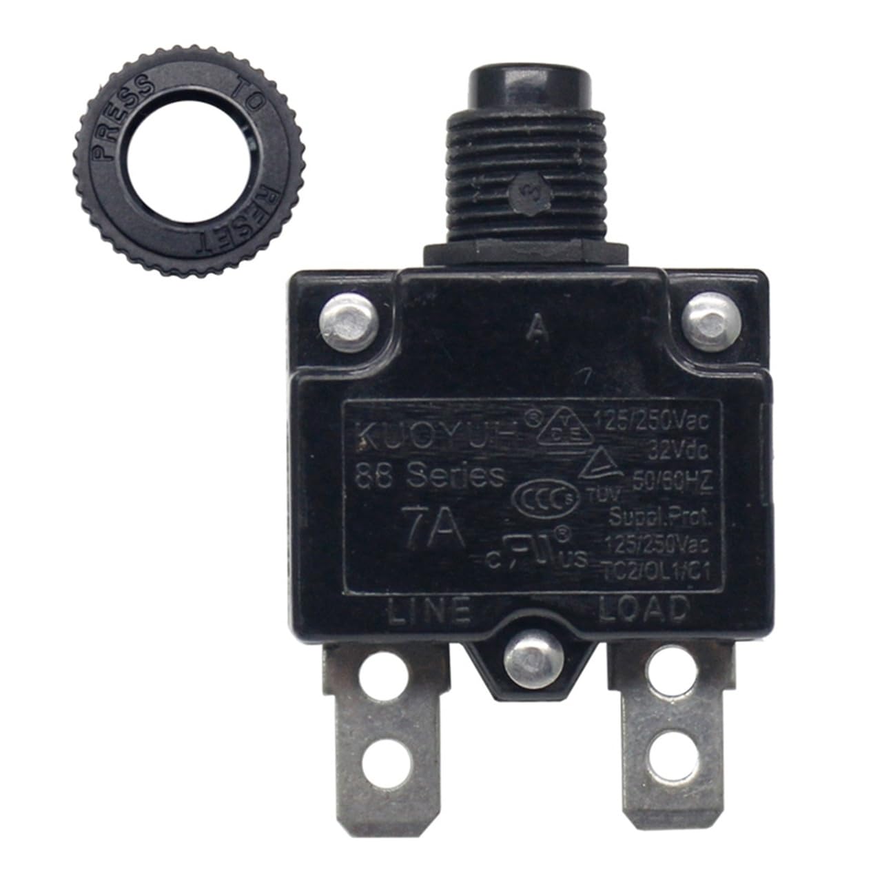 KUOYUH USA 7 Amp 88 Series Quick Connect Terminals Push-to-Reset Thermal Circuit Breaker with Transparent Waterproof Button Dust Cover (1-Pack)