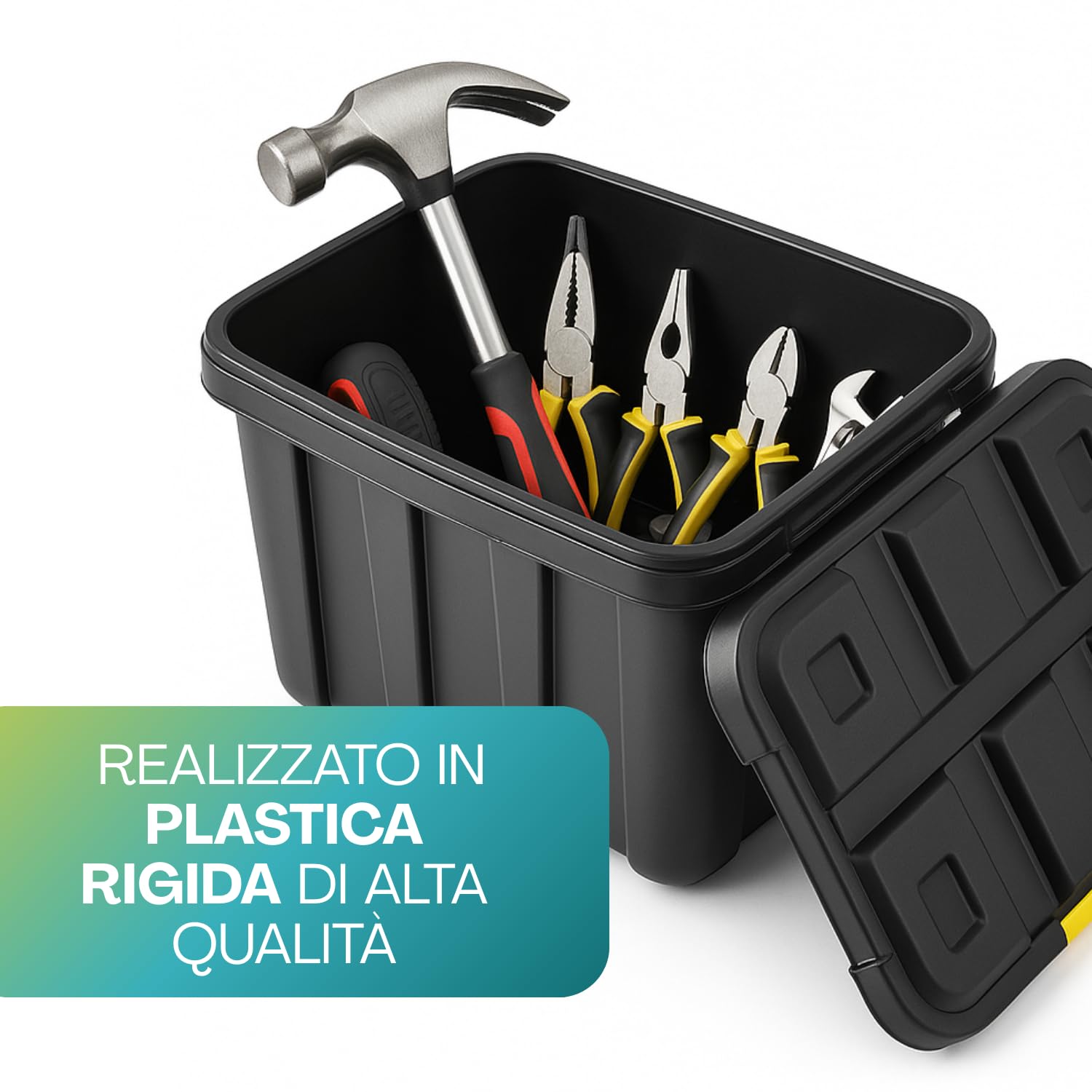 Paluplus Contenitore Box Attrezzi con Ruote, misura 79x52x52 cm e Capacità 150 Litri, Baule Nero con chiusura a Scatto, Box portautensili con coperchio, Organizer Utensili, Fai da Te -5940F-6,9