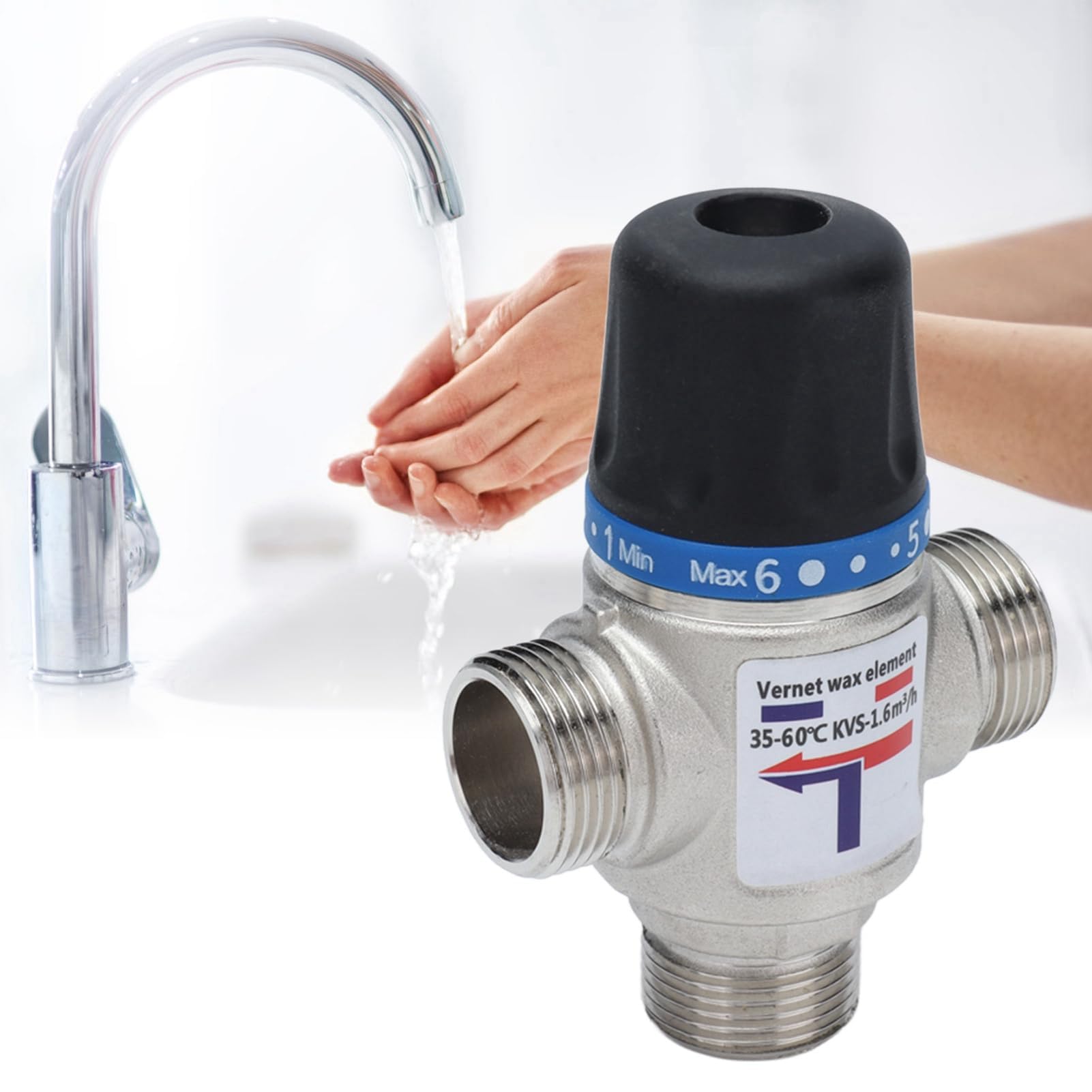 Valvola di Miscelazione Termostatica 3/4" a 3 Vie, Ottone Nichelato, Temperatura Regolabile 35-60°, Argento e Nero, Interruzione Automatica