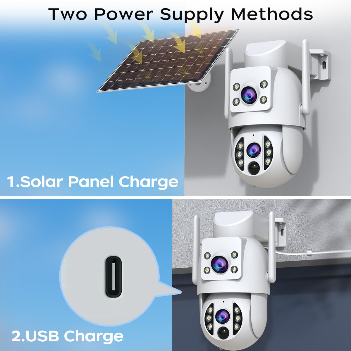 JOOAN 2Kx2 HD Überwachungskamera Aussen Solar, Doppelkamera 360° PTZ Überwachungskamera Aussen Akku, 2.4GHz WLAN Kamera mit PIR Bewegungsmelder,Farb-Nachtsicht, 2-Wege-Audio, Notrufe notiert,IP66