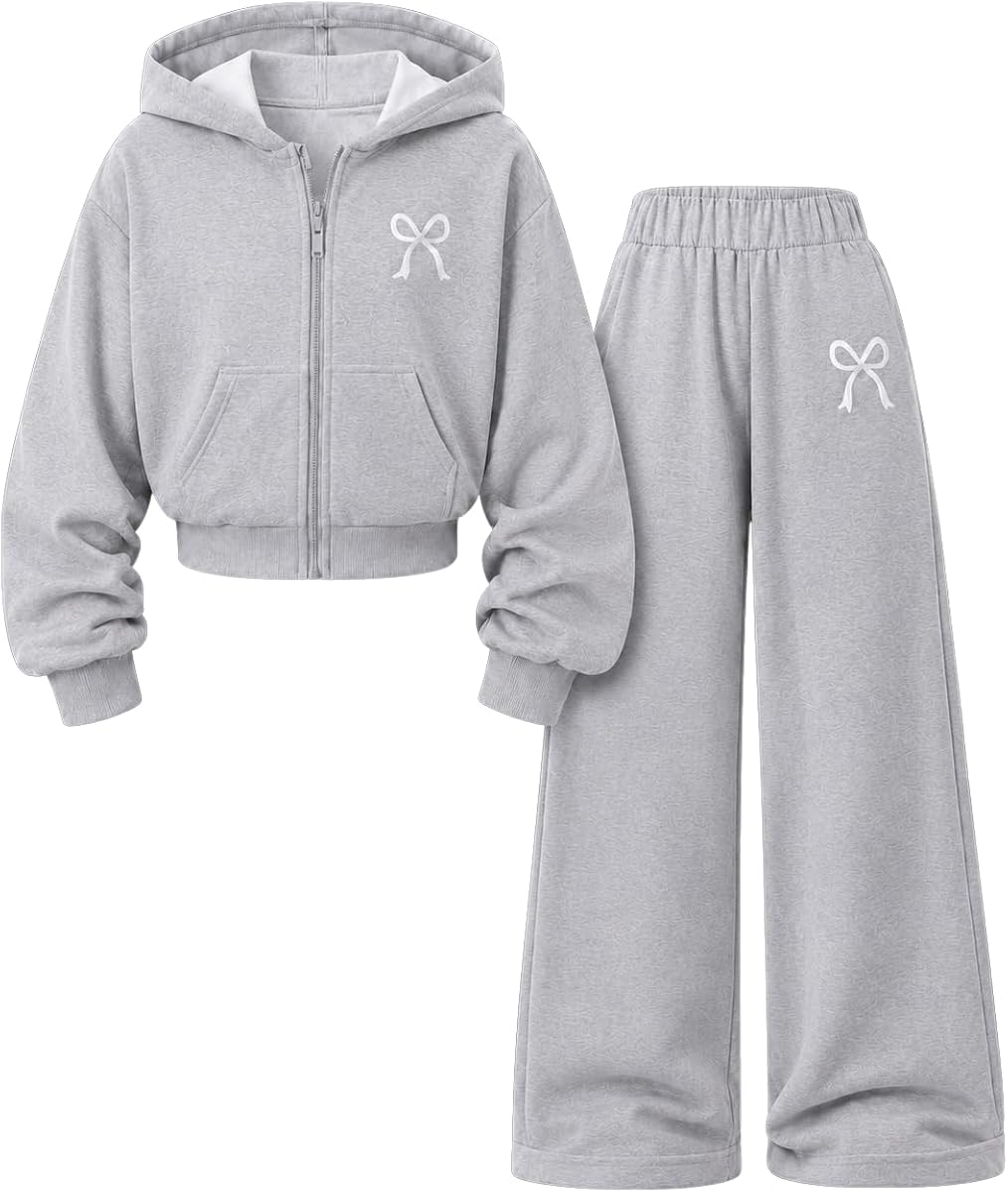 Sudadera de manga larga con capucha y cremallera de 2 piezas de ropa para niñas adolescentes y conjunto de ropa de otoño con pantalones de pierna ancha, tallas 7-14 años