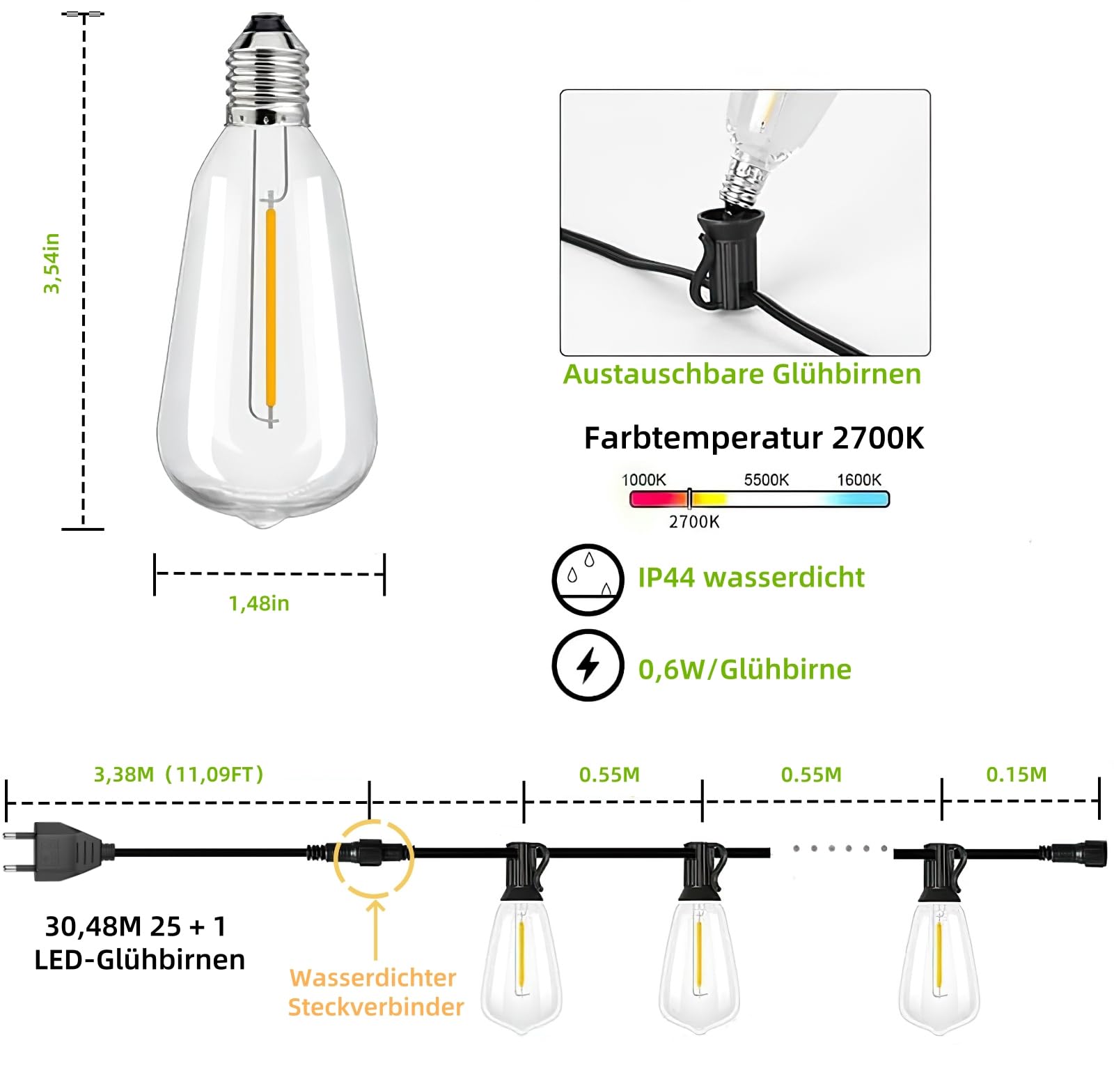 AzureStar Catena luminosa per esterni, 30 m, 100 m, estendibile, per esterni, IP44, impermeabile con 50 + 2 ST38 LED, in plastica, luce bianca calda, per esterni, giardino, terrazza, matrimonio