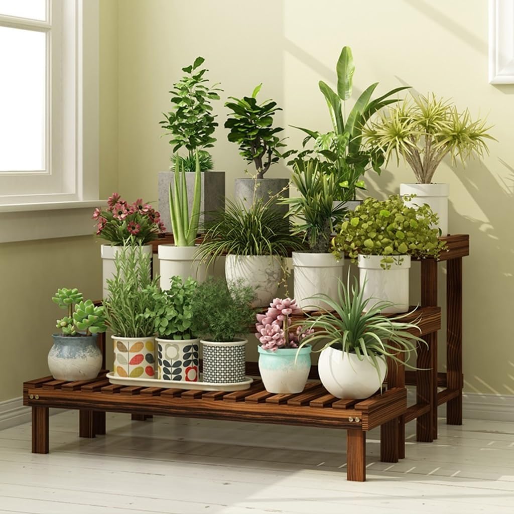 Garten Stufenhölzerner Blumenständer Balkongrünpflanzenständer Wohnzimmerblumentopfständer Gartendekorationsständer (Color : Brown, Size : 98x25x15cm)