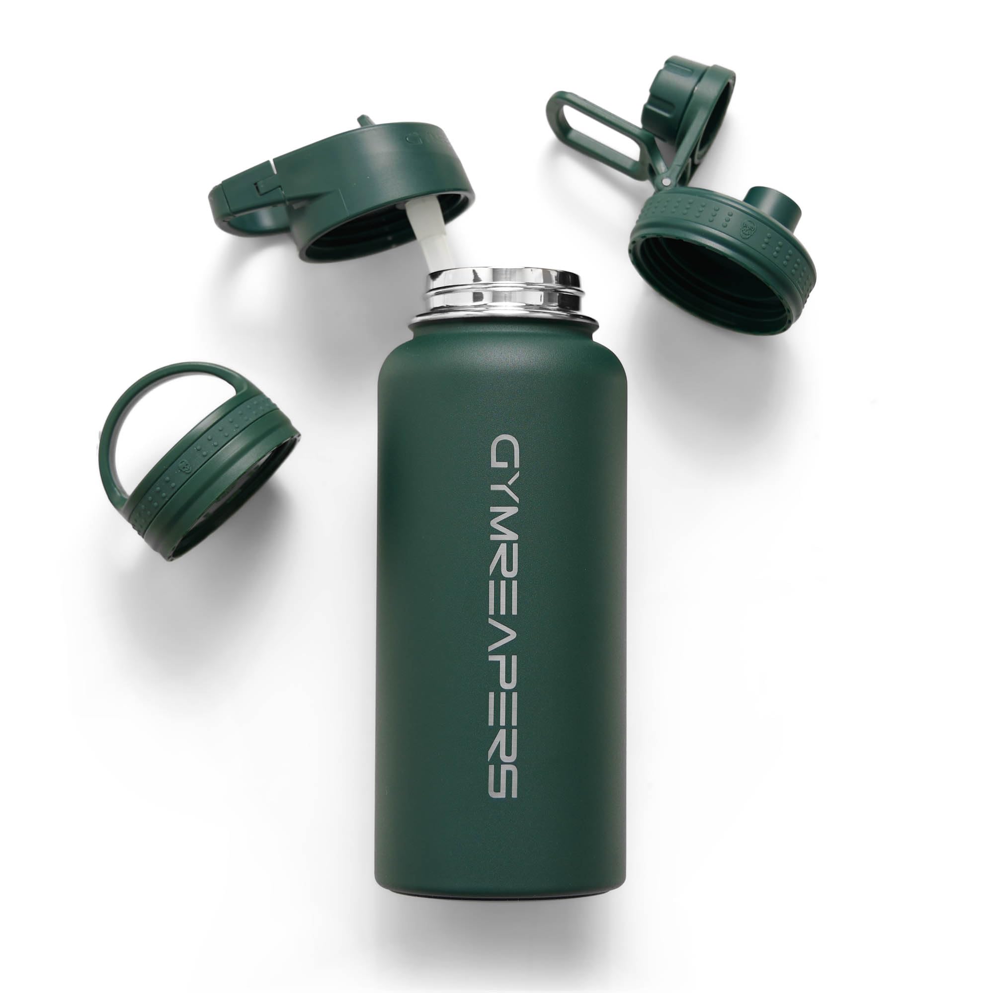 Gymreapers Insulated Water Bottle - Stainless Steel 32 Oz, 3 lids (Straw, Chug, Canteen), Double Walled Vacuum Insulation, Thermo Mug Cold Hot -