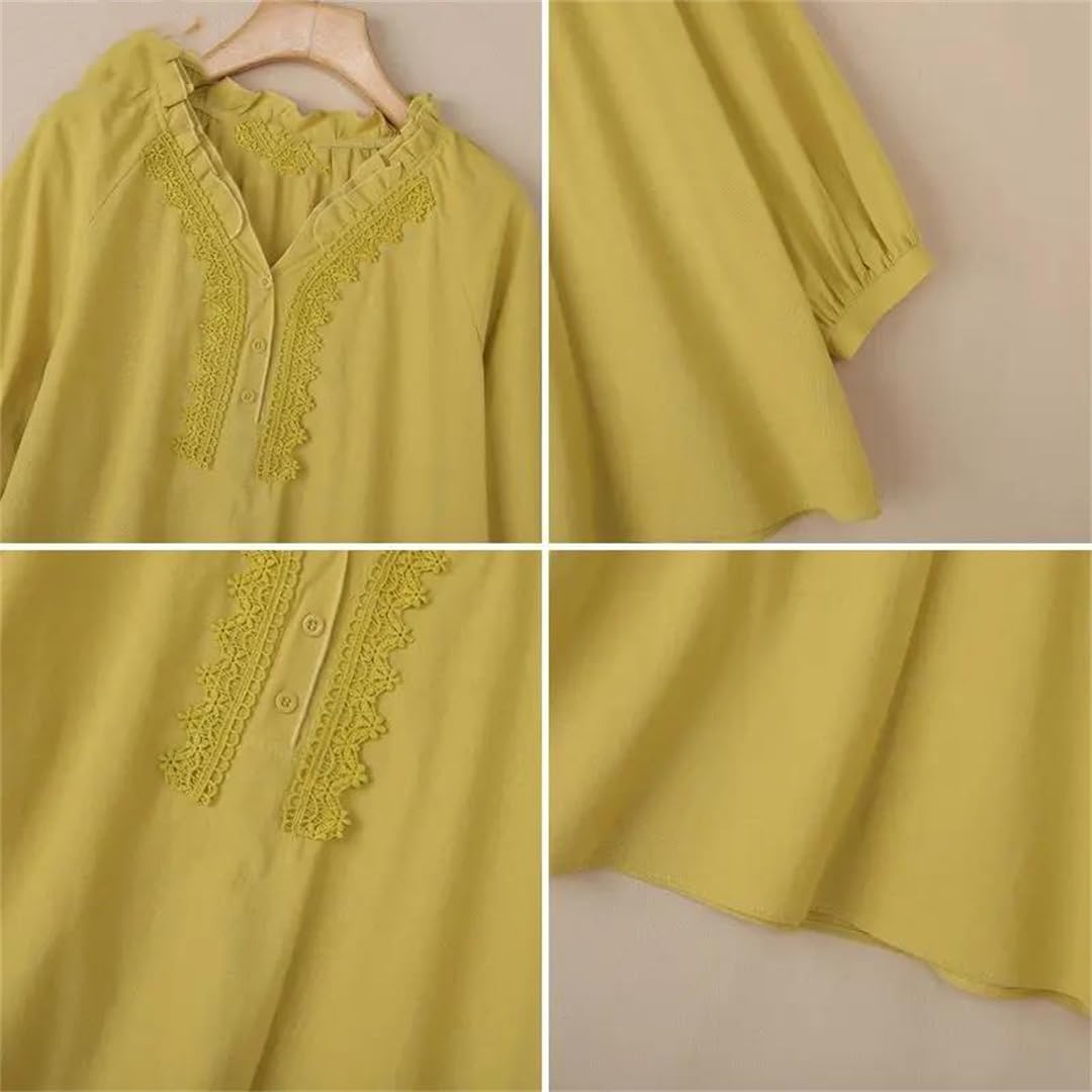 Yeuyyben Camicetta estiva da donna in cotone, casual, scollo a V, maniche a 3/4, camicia da lavoro patchwork