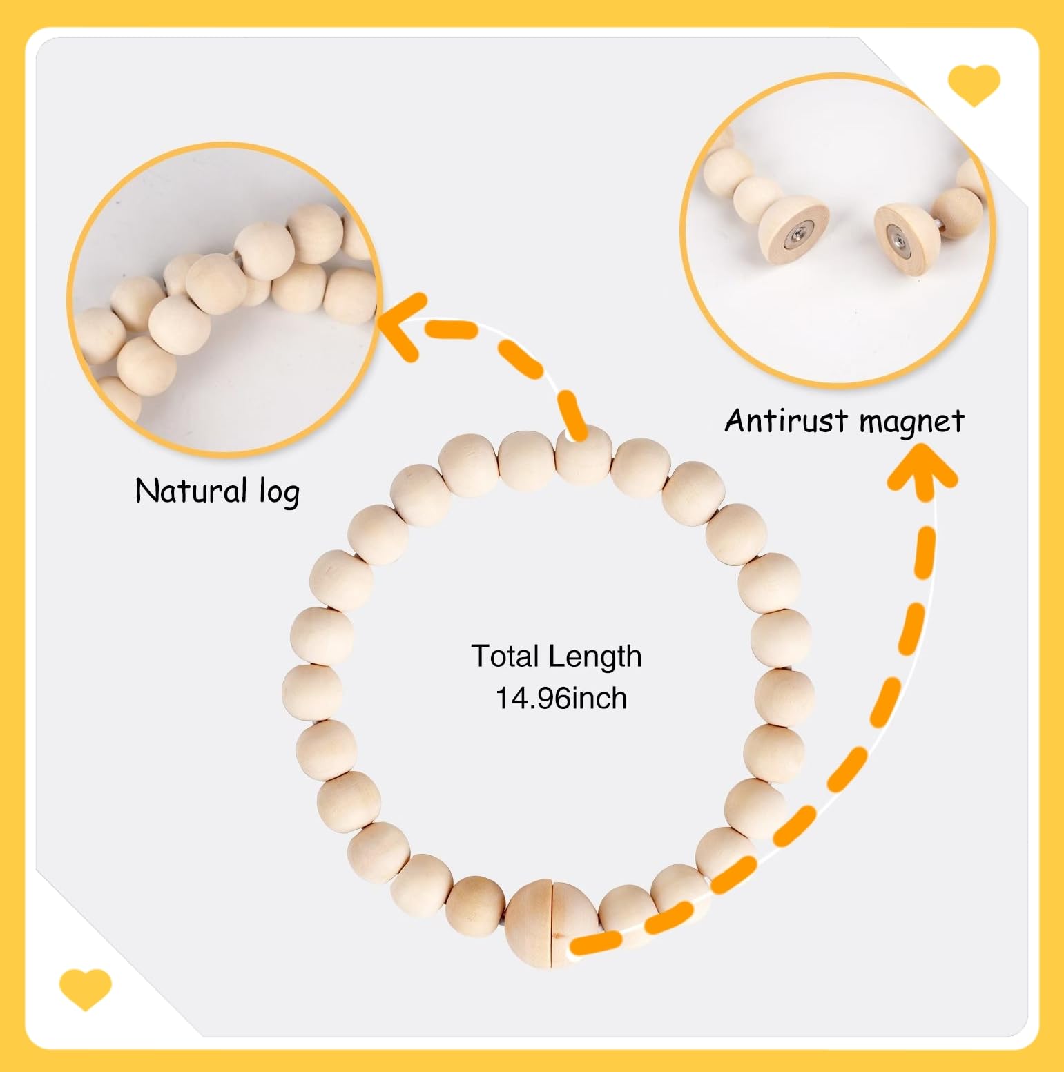 Wooden Magnetic Curtain Buckle,Half Round Beads Chain Connection Cotton Rope, with 24 Small Round Beads, Bohemian Style, 4Pcs