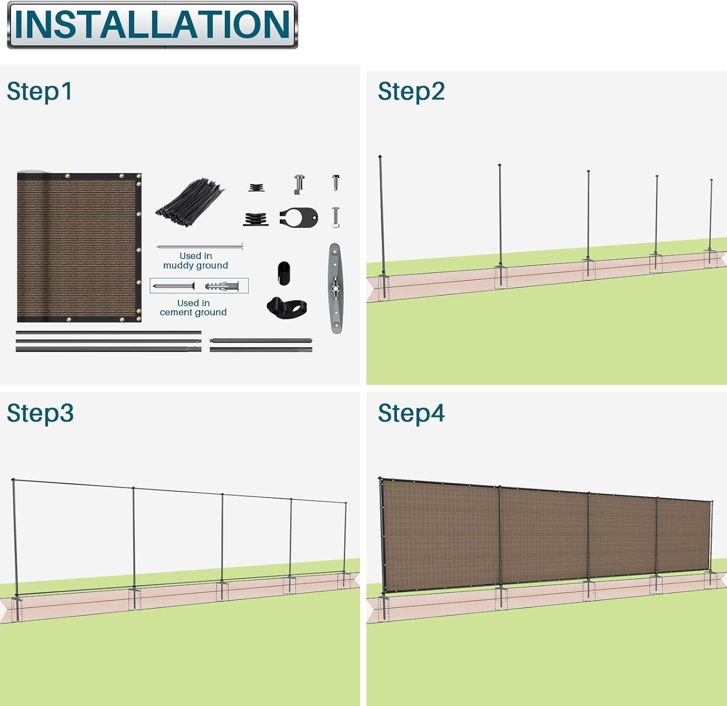 Coarbor Iron Poles Privacy Fence 5'H x 12'W Metal Fence Covering Privacy Fence Screen with Zipties and Base Anchor for Outside Garden Backyard Dog Kennel Chicken Pool, Brown