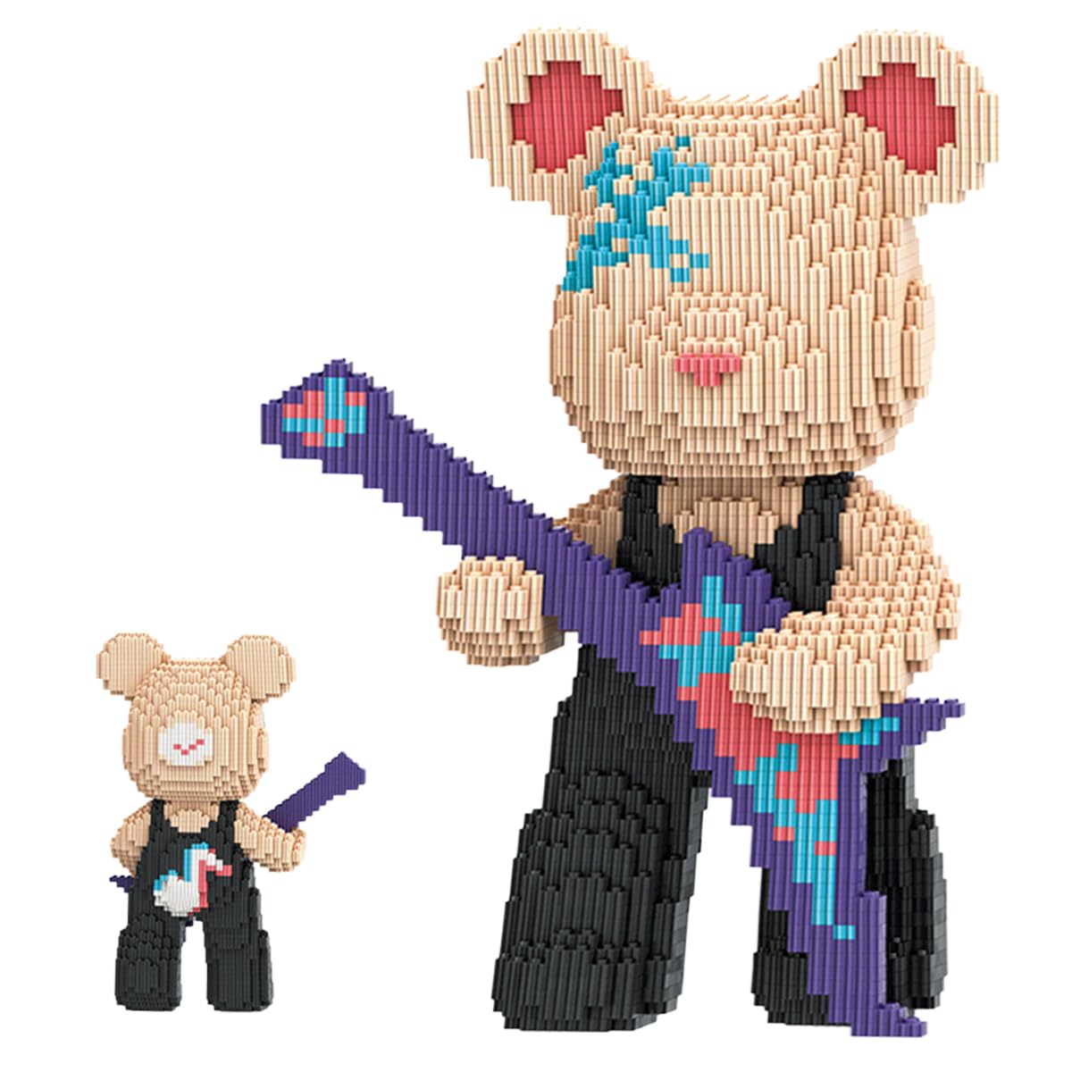 PUPULU TK Teddy Bear Micro Building Blocks Set(12.6 inches) Music Bear Building Brick Gift for Adult, Brown, Red, Blue