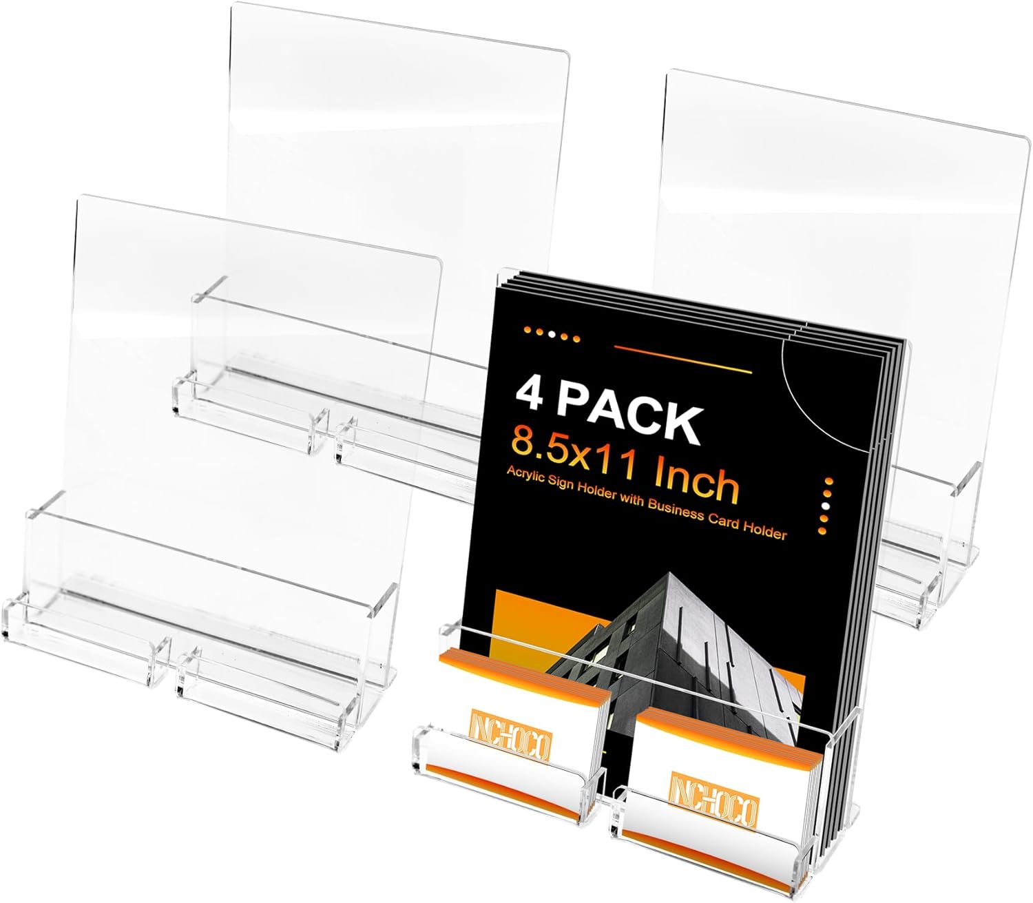 Acrylic Brochure Holder 8.5 x 11 Inches Clear Plastic Brochure Display Stand Flyer Holder Pamphlet Holder with Business Card Pocket Holder for Leaflet Trifold Literature Magazine Takeout Menu - 4 Pcs Transparent 8.5×11 Inch with Card Holder Design(4Pack)
