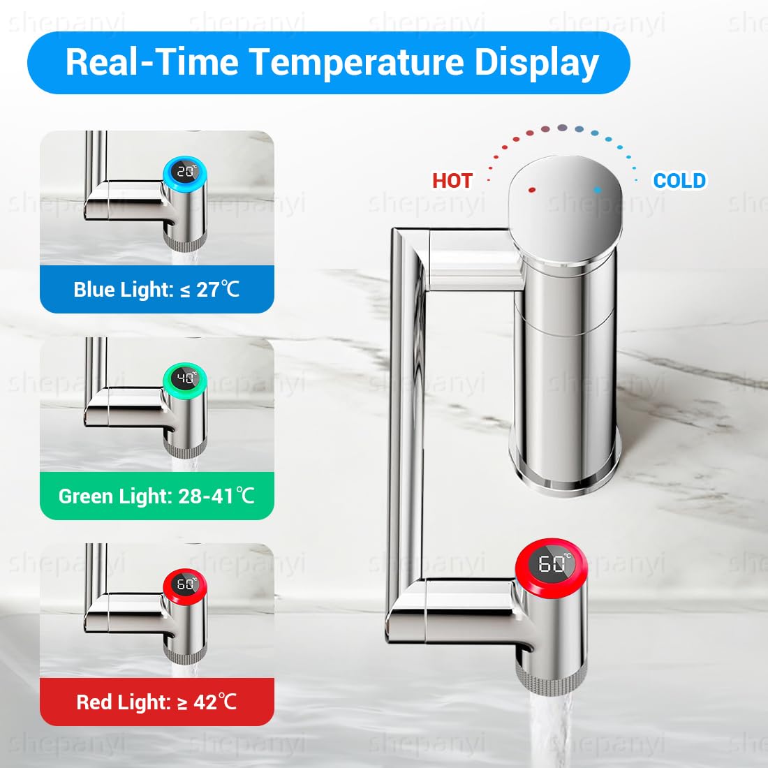 Grifo de Baño con Indicador de Temperatura (sin Pilas), Grifo de Lavabo Giratorio 1080°, Grifos de Altura Ajustable, De specificatie van de slang is G1/2