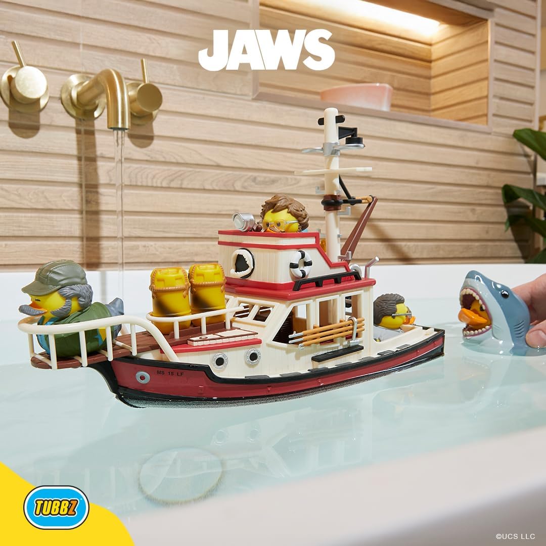 TUBBZ Jaws Floating Orca Boat Model Collectible Bundle Bath Playset – Includes Bruce The Shark and Mini Quint, Hooper, and Brody Duck Figures