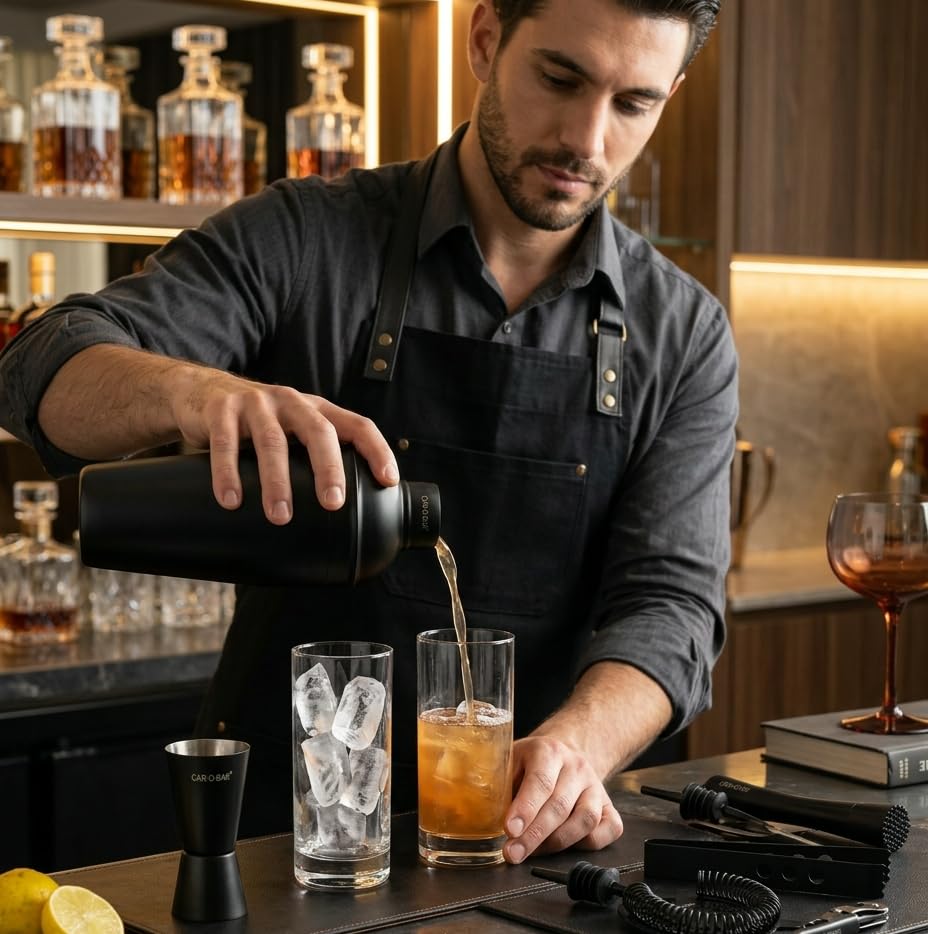 Image of Car-O-Bar Black Bar kit with Stand | Bar Set for Home - 10 Piece Bartender Kit :Cocktail Shaker, Bar Spoon, Jigger, Muddler, Strainer, Wine & Beer Bottle Opener, 2 Pourers,Tong, Wooden Stand