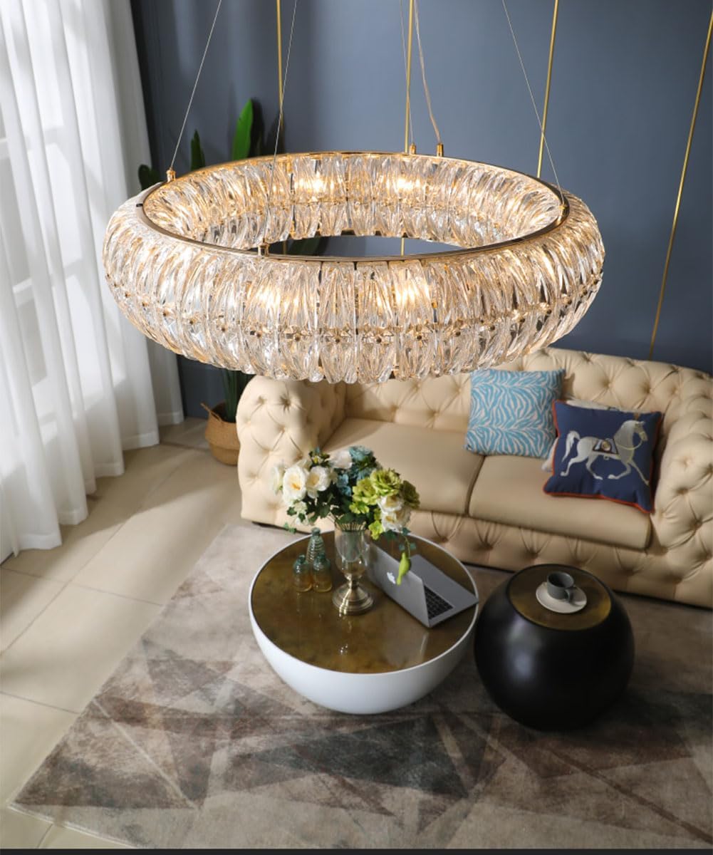 A Million Modern Crystal Chandelier, 8 Lights Glass Gold Chandelier, Contemporary Ring Pendant Ceiling Light Fixture for Dining Living Room Kitchen Island Staircase D23.7''