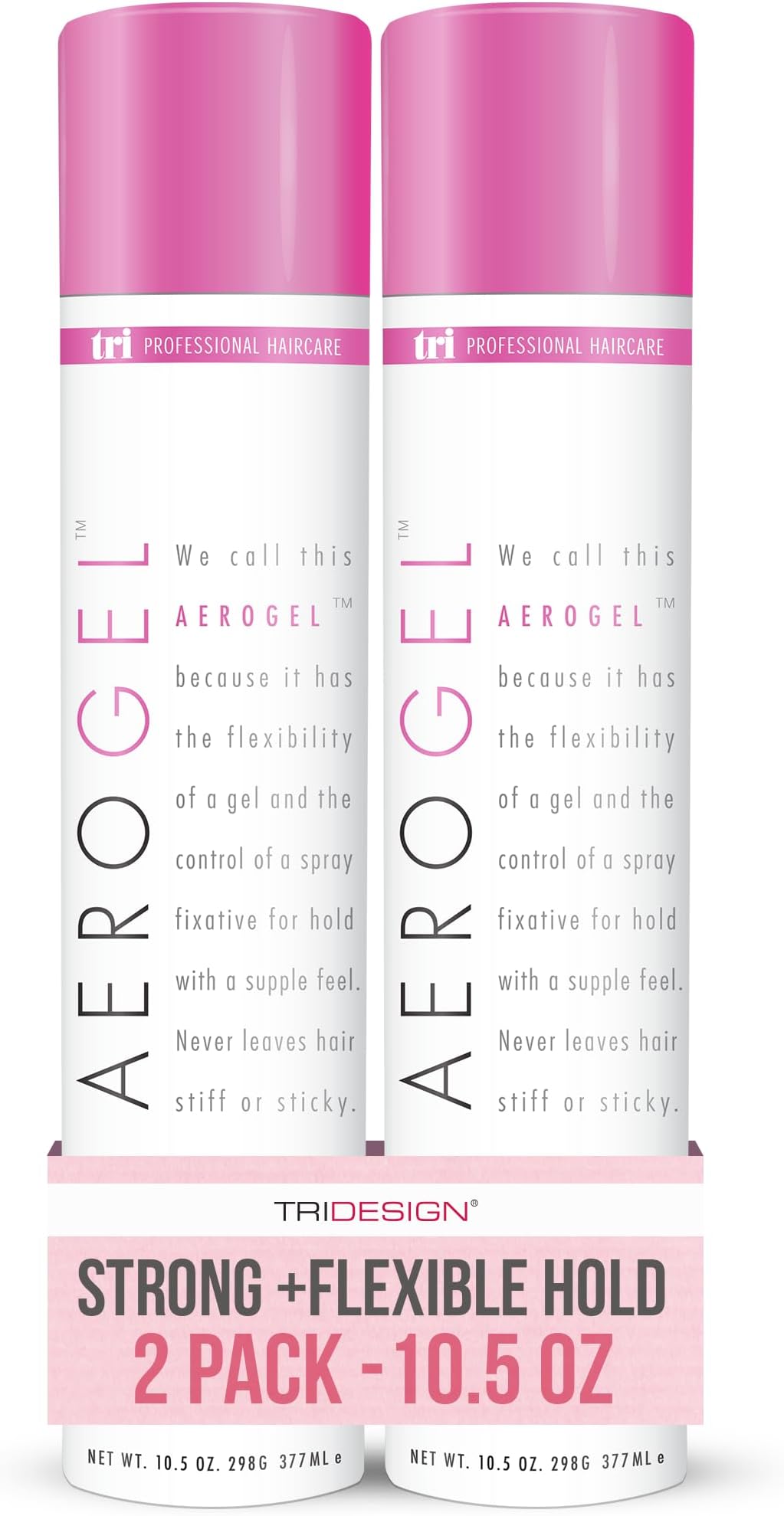 - TRIDESIGN Aerogel Hairspray - Strong Hold Hair Finishing Spray for Volumizing & Control, Flexible Styling for All Hair Types, Non-Sticky and Scented - For Women and Men - Pack of 2 (10.5 Oz)