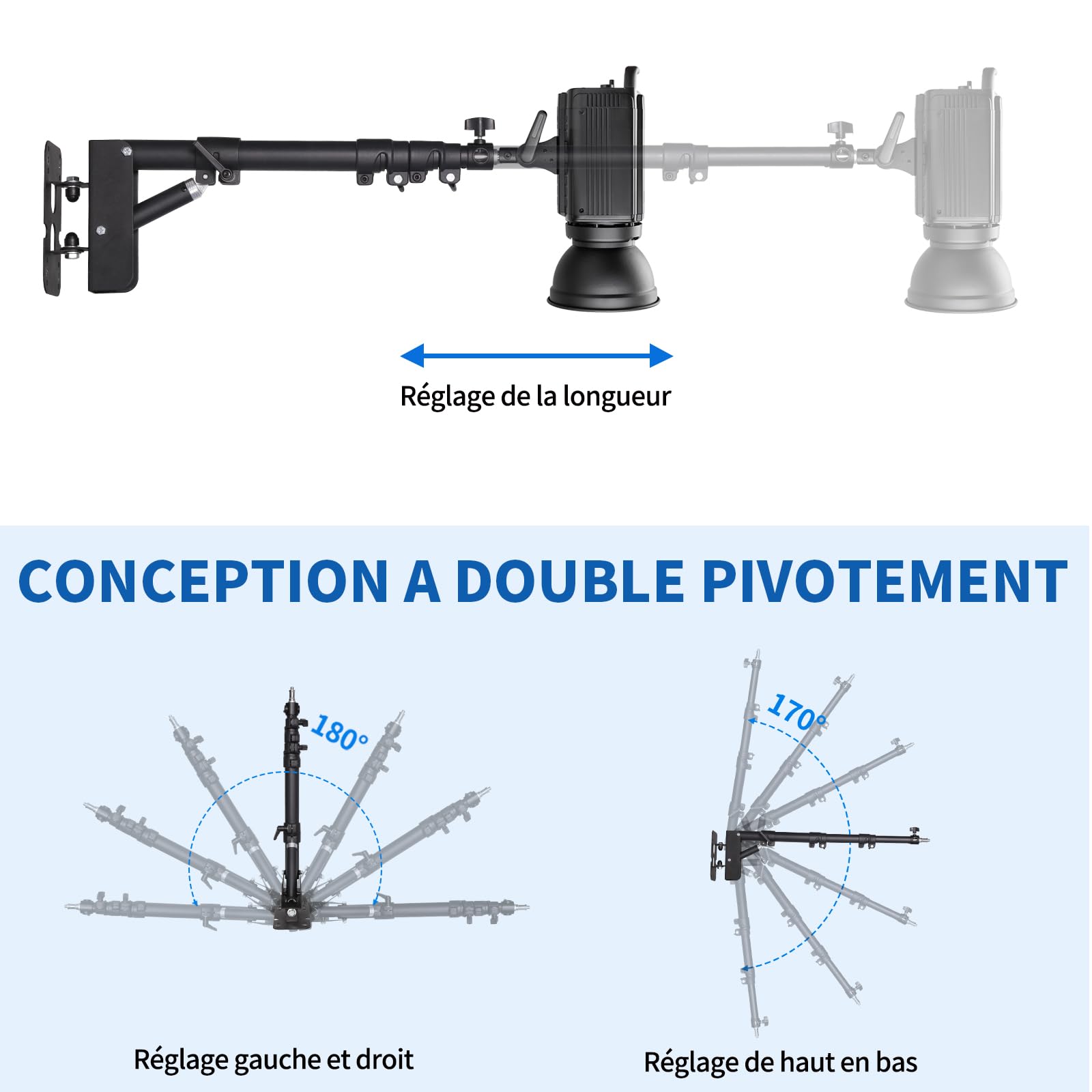 Bras de Suspension Triangulaire Mural 110 cm, Flexible à 180 Degrés de Rotation, Support Mural pour Anneau Lumineux pour Lumière Vidéo de Studio, Flash, Photographie, Softbox, Réflecteur