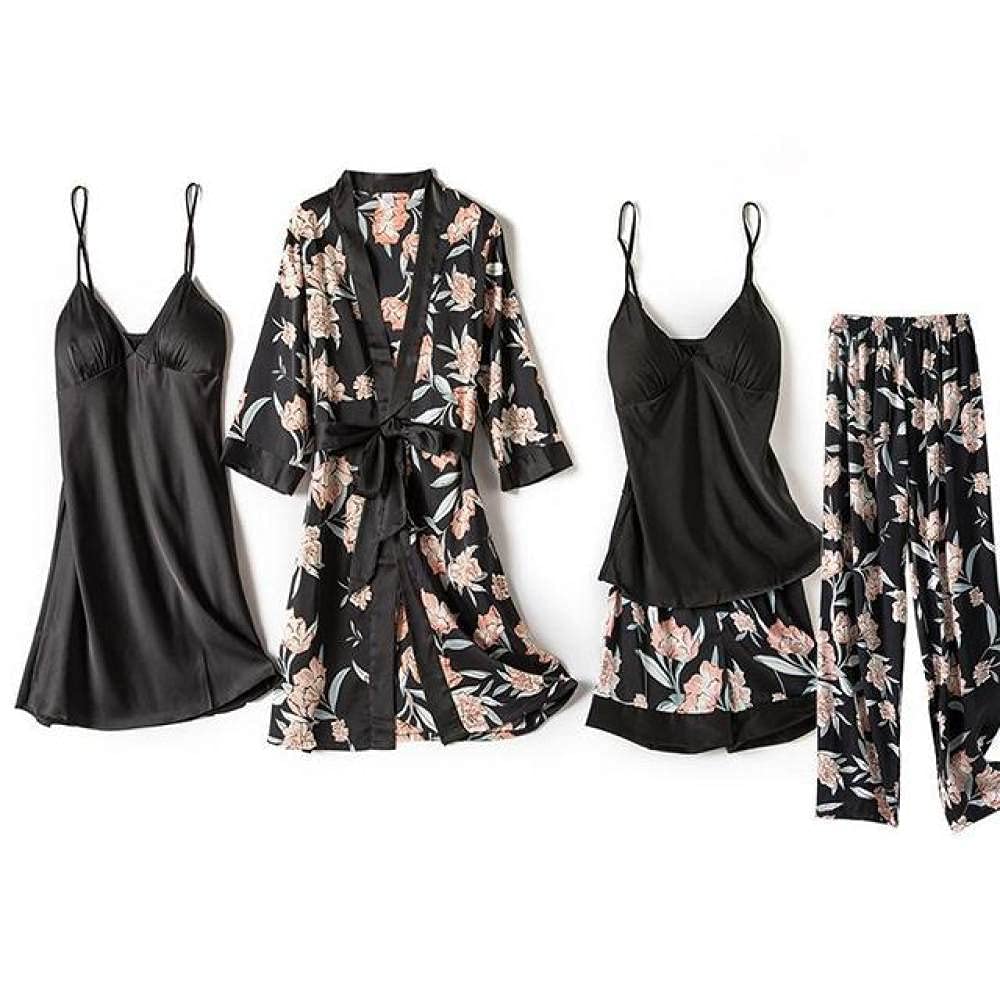 Vestaglie, Kimono a fiori con stampa in raso, accappatoio, abito da notte sexy da donna, 5 pezzi, abito da notte, abito da notte, intimo, lingerie per la casa, 2 pezzi verde, M (5 pezzi nero grande)