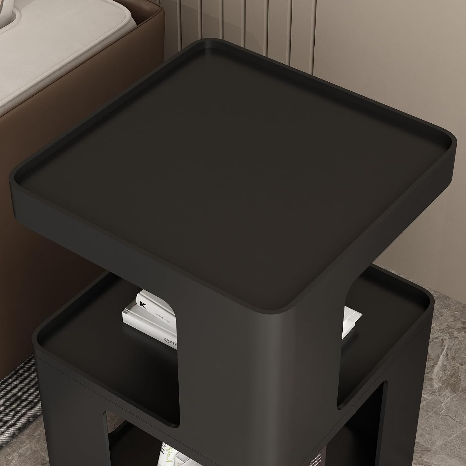 Black Side Table, Modern Nightstand Metal End Table for Living Room Bedroom,Square Bedside Table-3 Tier Storage,Not Assemble Required