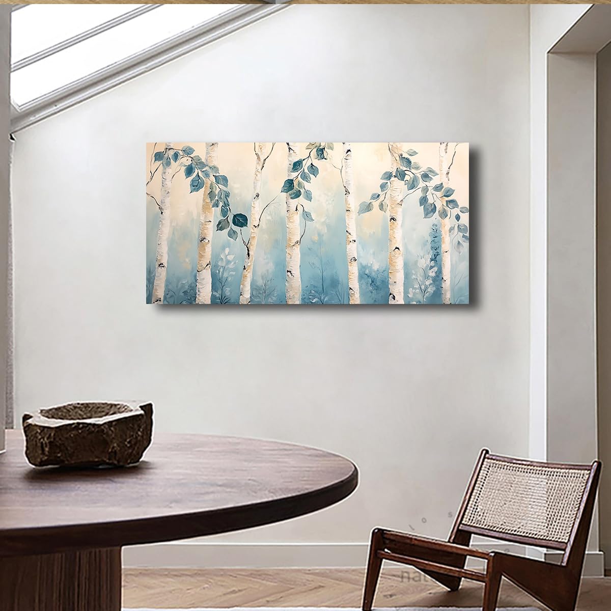 CHERHERART Art mural en toile Bouleau Forêt Affiche paysagère Décoration bleu blanc Image sur photo nature pour salon Chambre Bureau à domicile 80x170cm Sans cadre