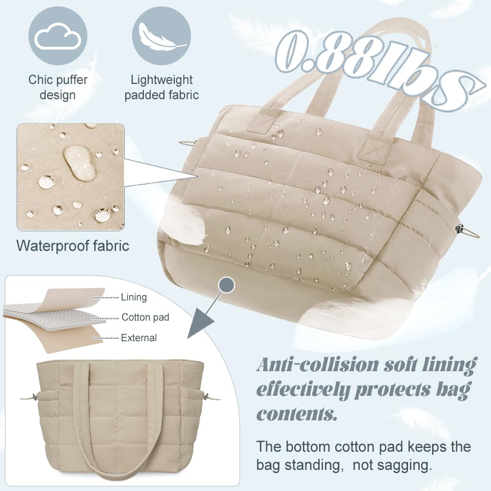 Women Puffer Tote Bag for Work Quilted Puffy Handbag with Laptop Compartments Lightweight Shoulder Bag Casual Handbag with Pockets for Nurse Teacher School