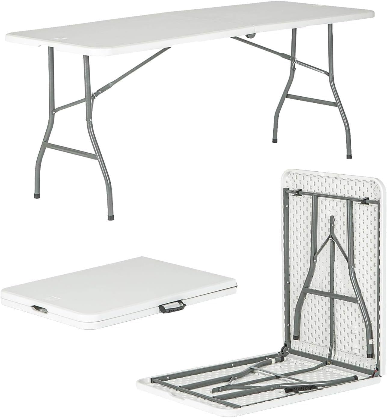 SKY-TOUCH Folding Lightweight Trestle Outdoor Camping Table,Heavy Duty Plastic Outdoor Folding Picnic Table,Folding Trestle Table For BBQ Party, Folds in Half with Carry Handle,White(180×75×75cm)