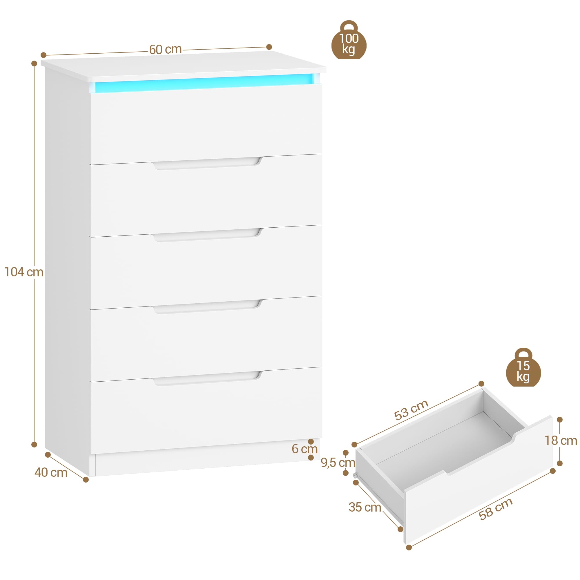 Hzuaneri Cómoda 5 Cajones, Cajonera Dormitorio, Armario Auxiliar con Tira de luz LED, Cómoda Dormitorio, Estilo Moderno, para Salón, Dormitorios, Pasillo, 40 x 60 x 103 cm, Blanco DC01503XEU