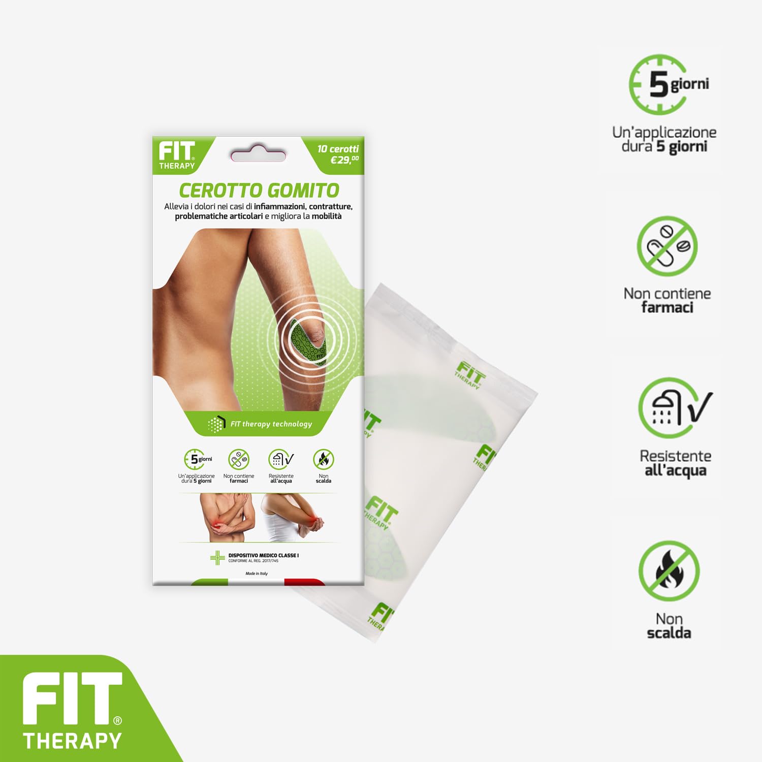 FIT Therapy – Cerotti Antidolorifici e Antinfiammatori Gomito - Per Epicondilite, Tendinite, Borsite, Artrosi - NON SCALDA, Impermeabile, Senza Farmaci, Dura 5 Giorni (10 Cerotti)