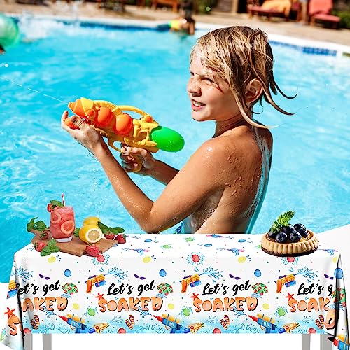 Image of Summer Party Decorations Pool Tablecloth, 3Pcs Let's Get Soaked Tablecloth Rectangle Water Gun Table Cover for Summer Pool Water Gun Soaked Splish Splash Party Supplies