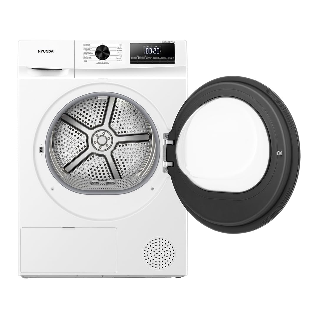 Hyundai Secadora Bomba de Calor, 8kg, Carga Frontal, Blanco, HSBC8DDW01. 650W, 15 Programas, Función Antiarrugas, Tambor Waterdrop, Display LED, Clase D
